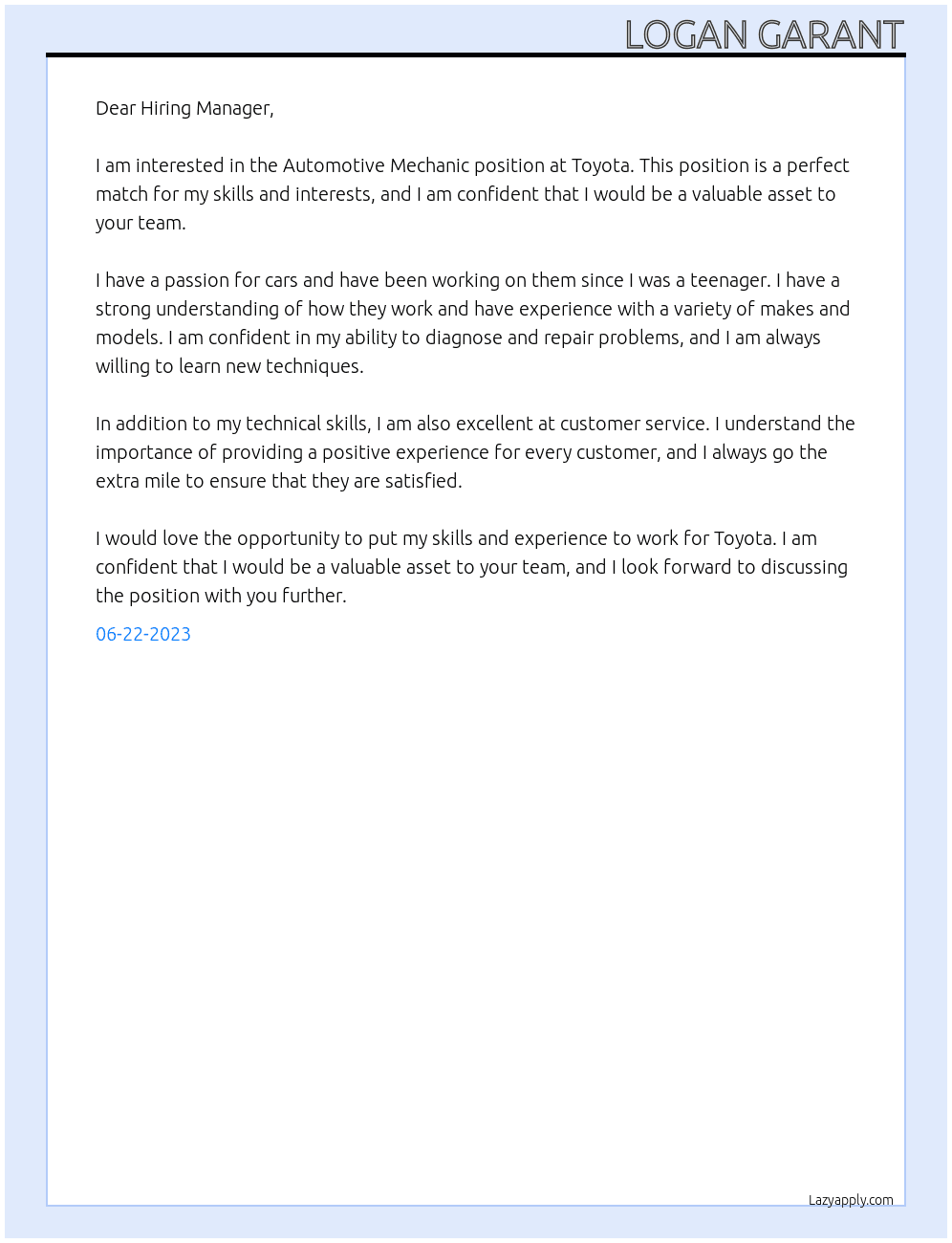 Automotive Mechanic At Toyota Cover Letter