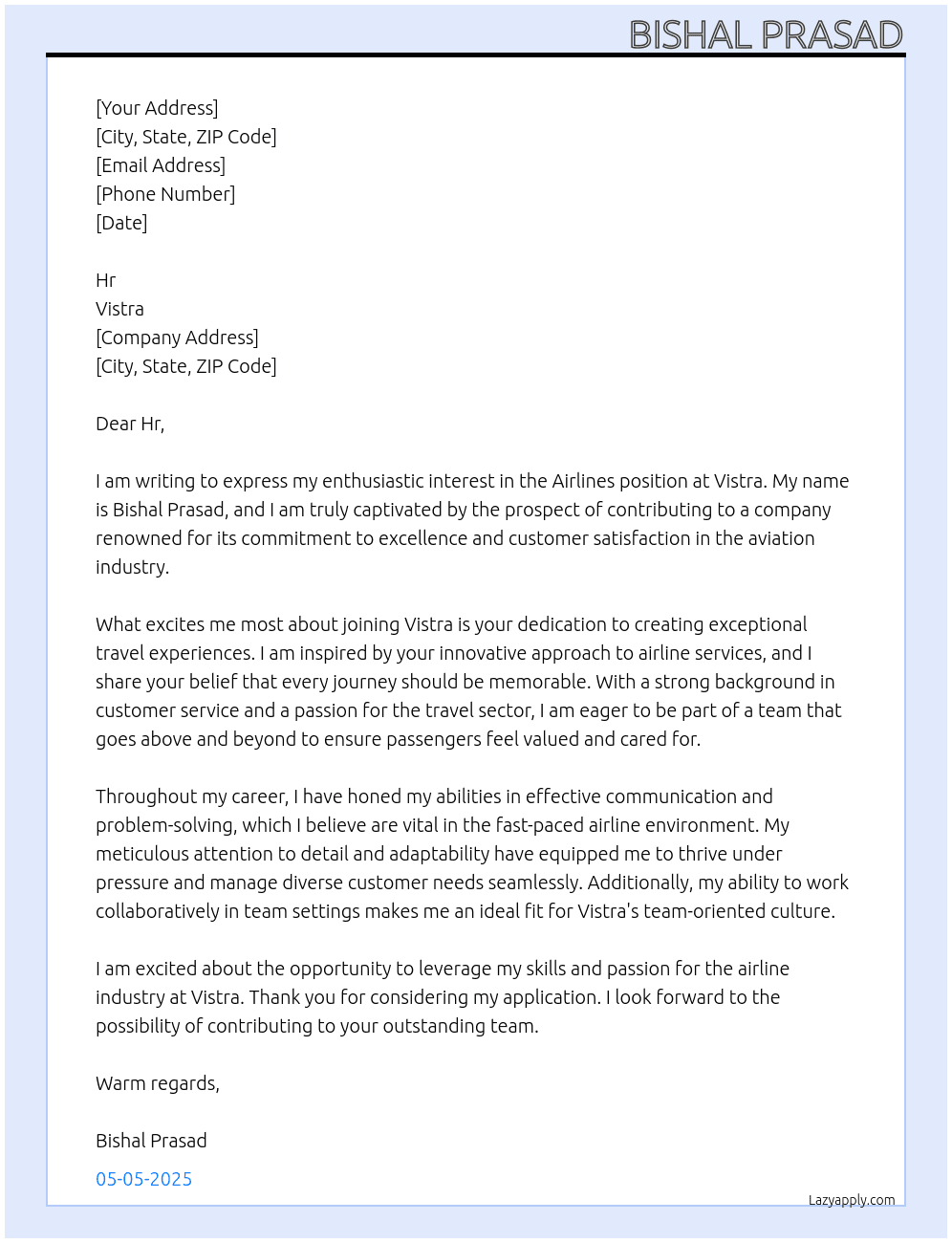 Airlines At Vistra Cover Letter