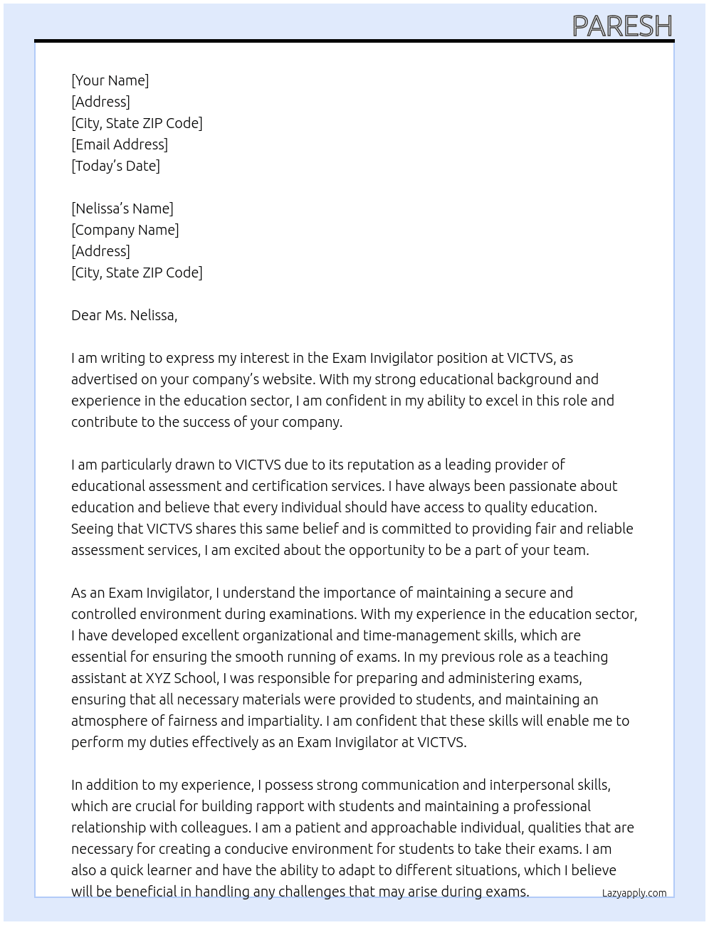 Exam invigilator At VICTVS Cover Letter