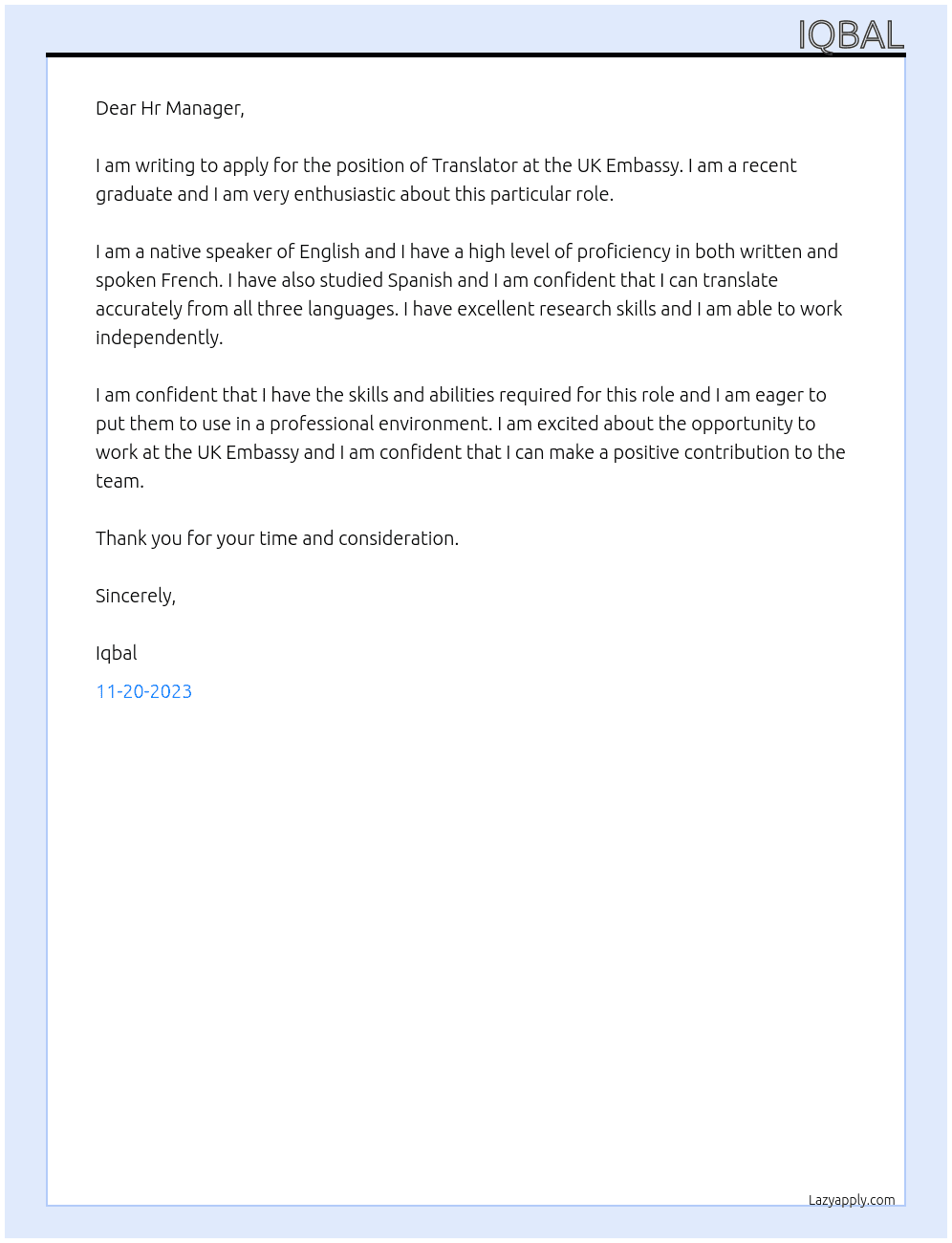 Translator At UK Embassy Cover Letter