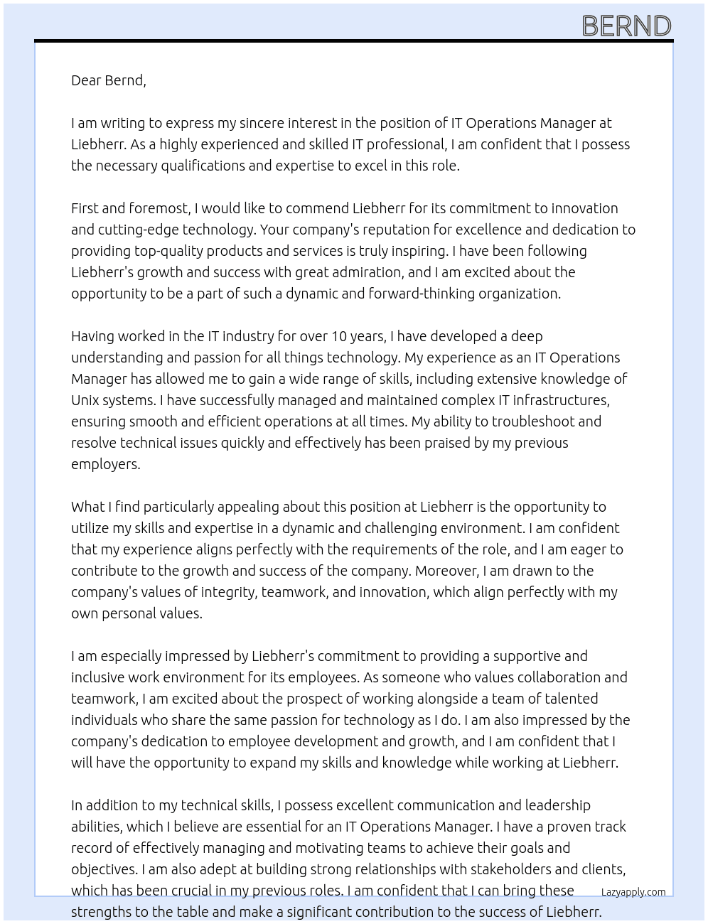 IT Operations Manager At Liebherr Cover Letter