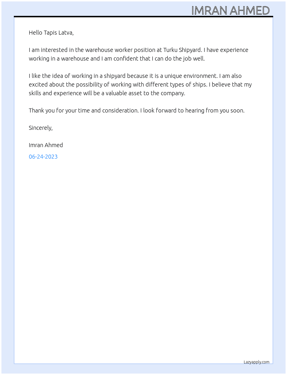 Warehouse worker At Turku Shipyard  Cover Letter