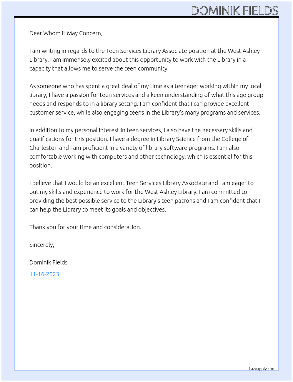 Teen Services Library Associate At West Ashley Library Cover Letter