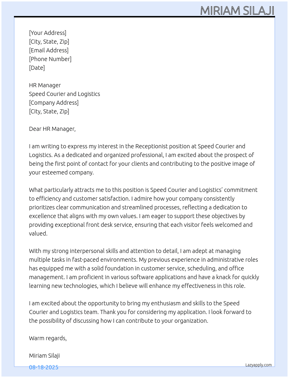 Receptionist At Speed courier and logistics Cover Letter