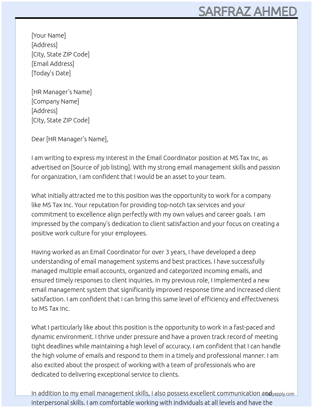 Email Coordinator At MS Tax Inc Cover Letter