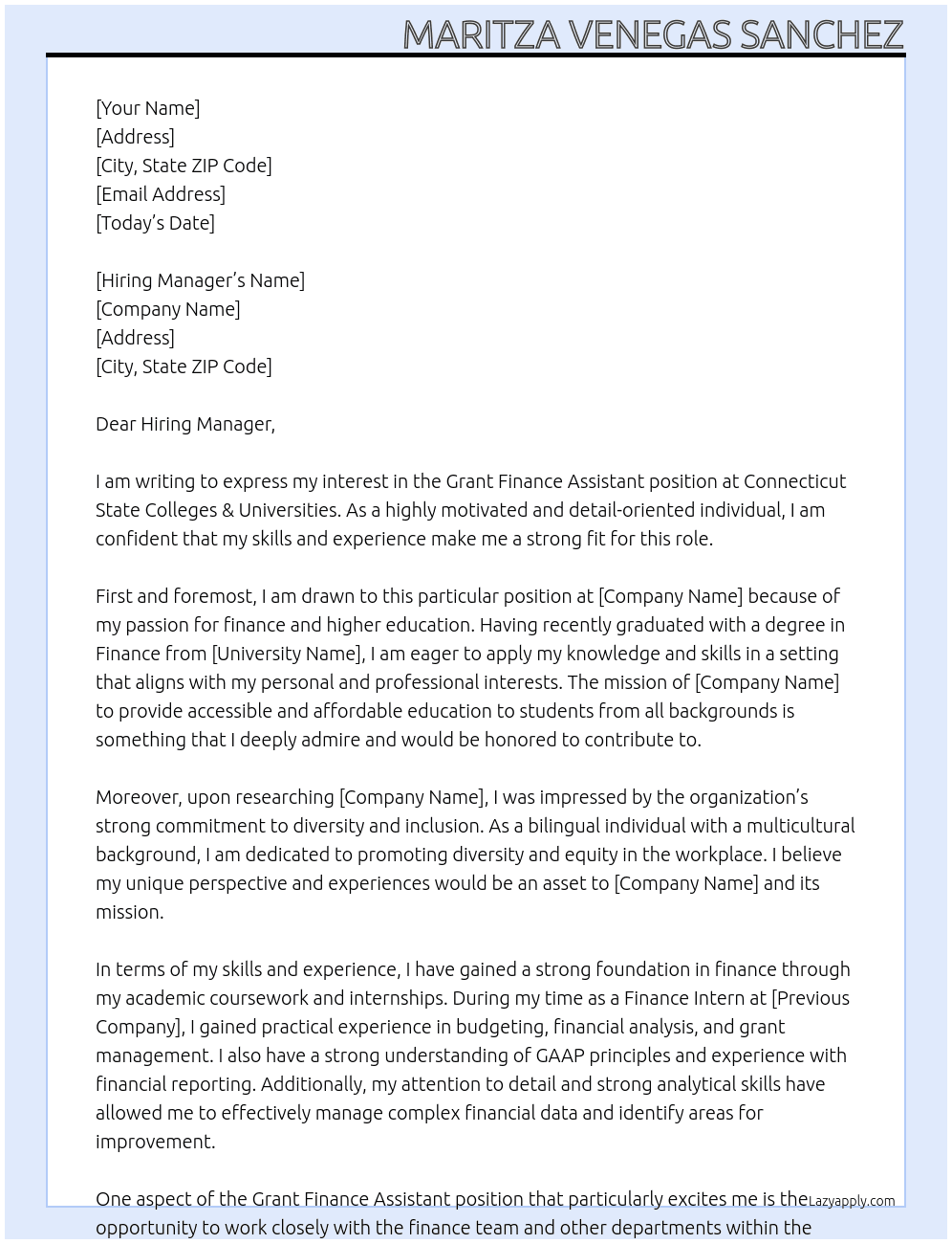 Grant Finance Assistant  At Connecticut State Colleges & Universities  Cover Letter