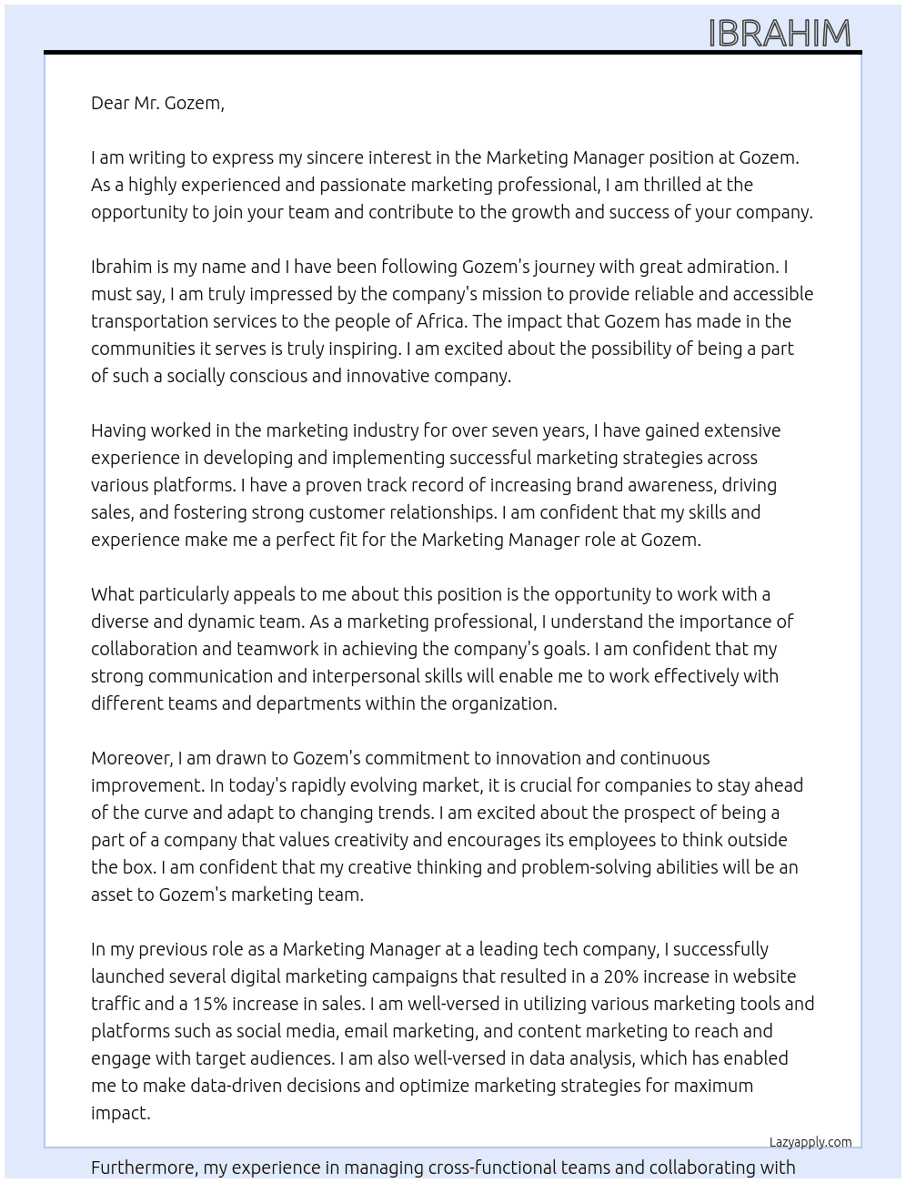 Marketing Manager  At Gozem Cover Letter
