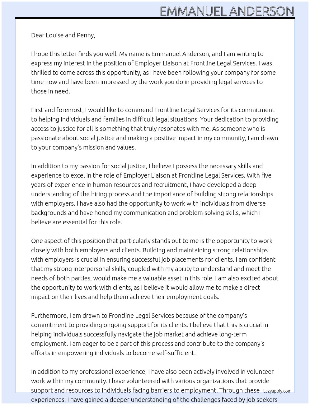 Employer Liason At Frontline Legal Services Cover Letter