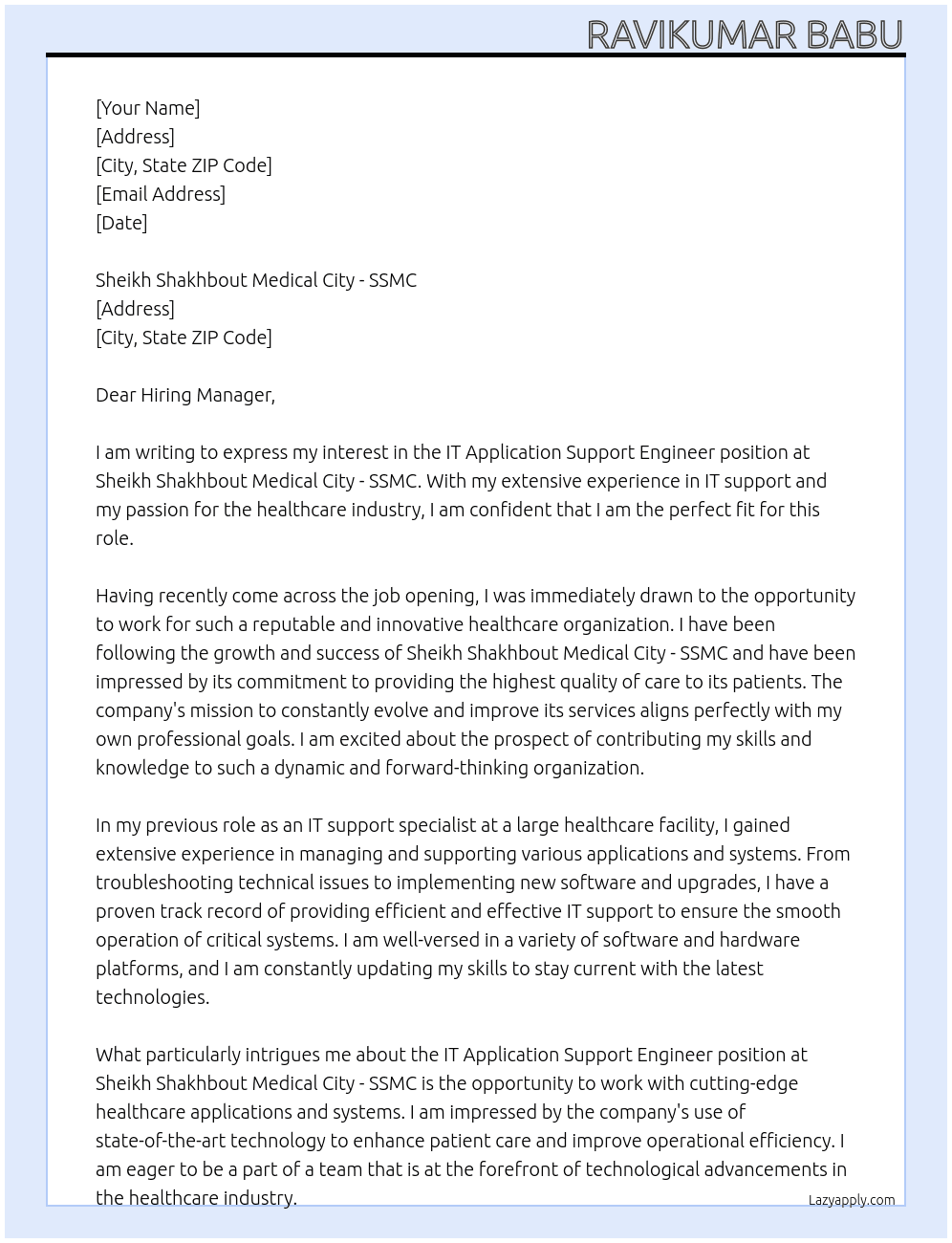 IT Application support Engineer At  Sheikh Shakhbout Medical City - SSMC Cover Letter