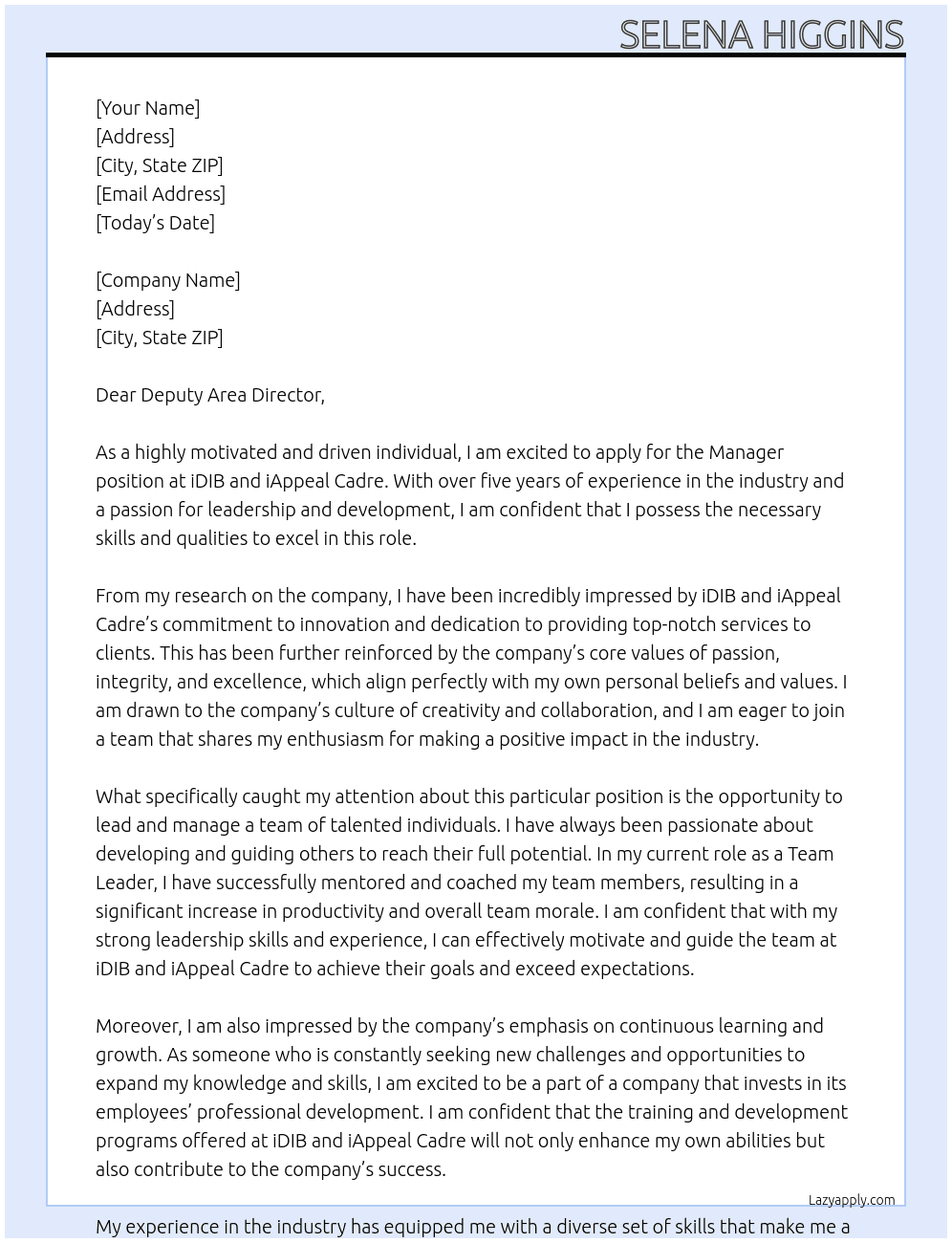 Manager At iDIB and iAppeal Cadre Cover Letter