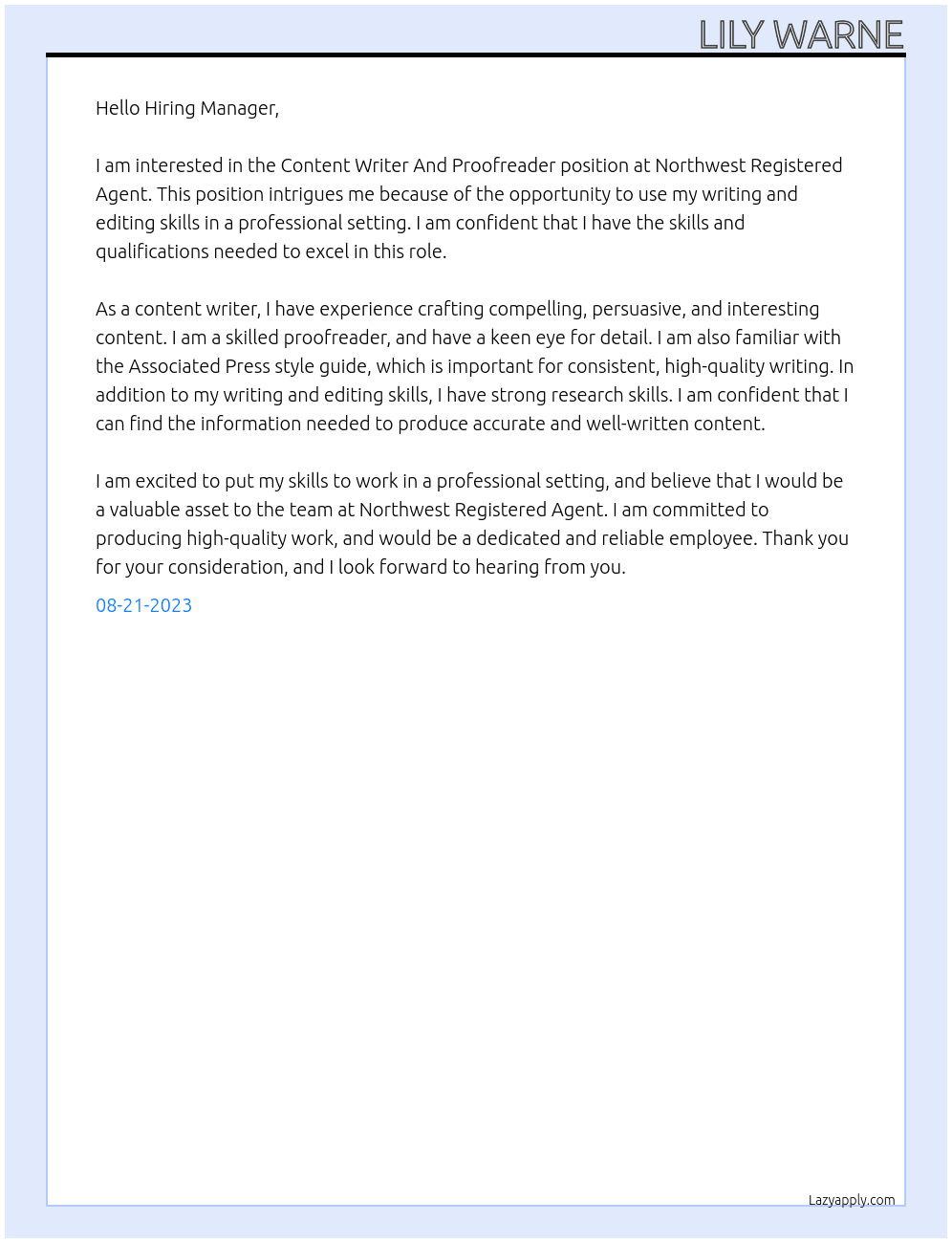 Content Writer And Proofreader At Northwest Registered Agent Cover Letter