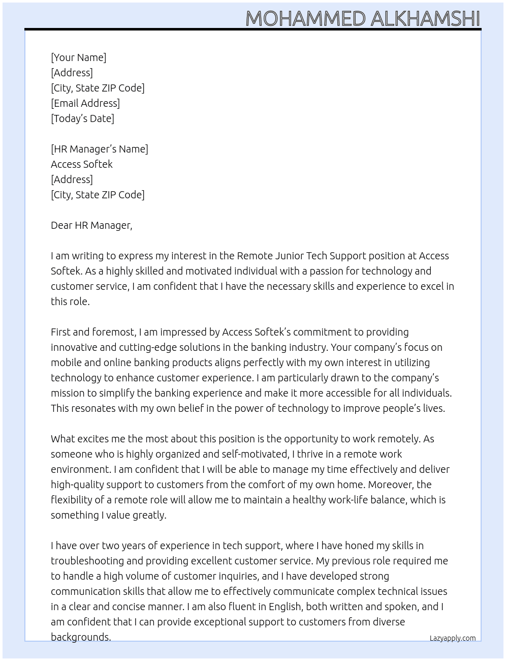 Cover letter for remote junior tech support - LazyApply