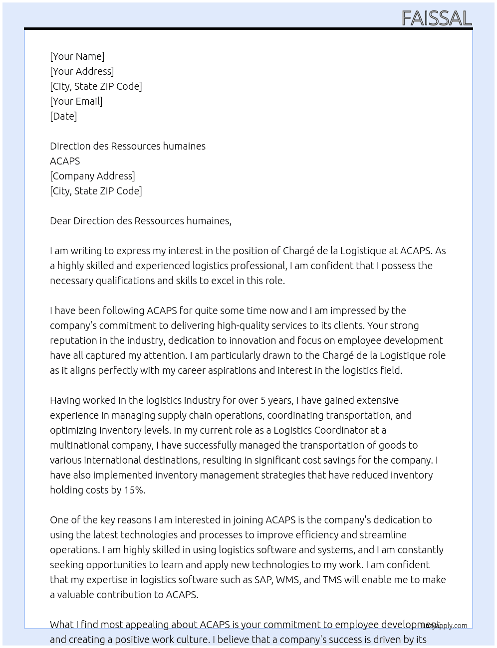 CHARGÉ DE LA LOGISTIQUE At ACAPS Cover Letter