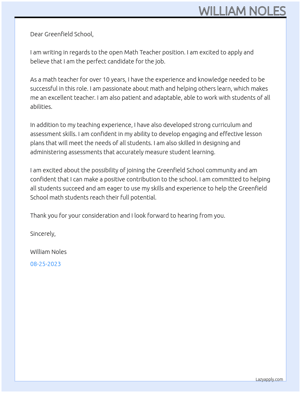 Math Teacher At Greenfield School Cover Letter