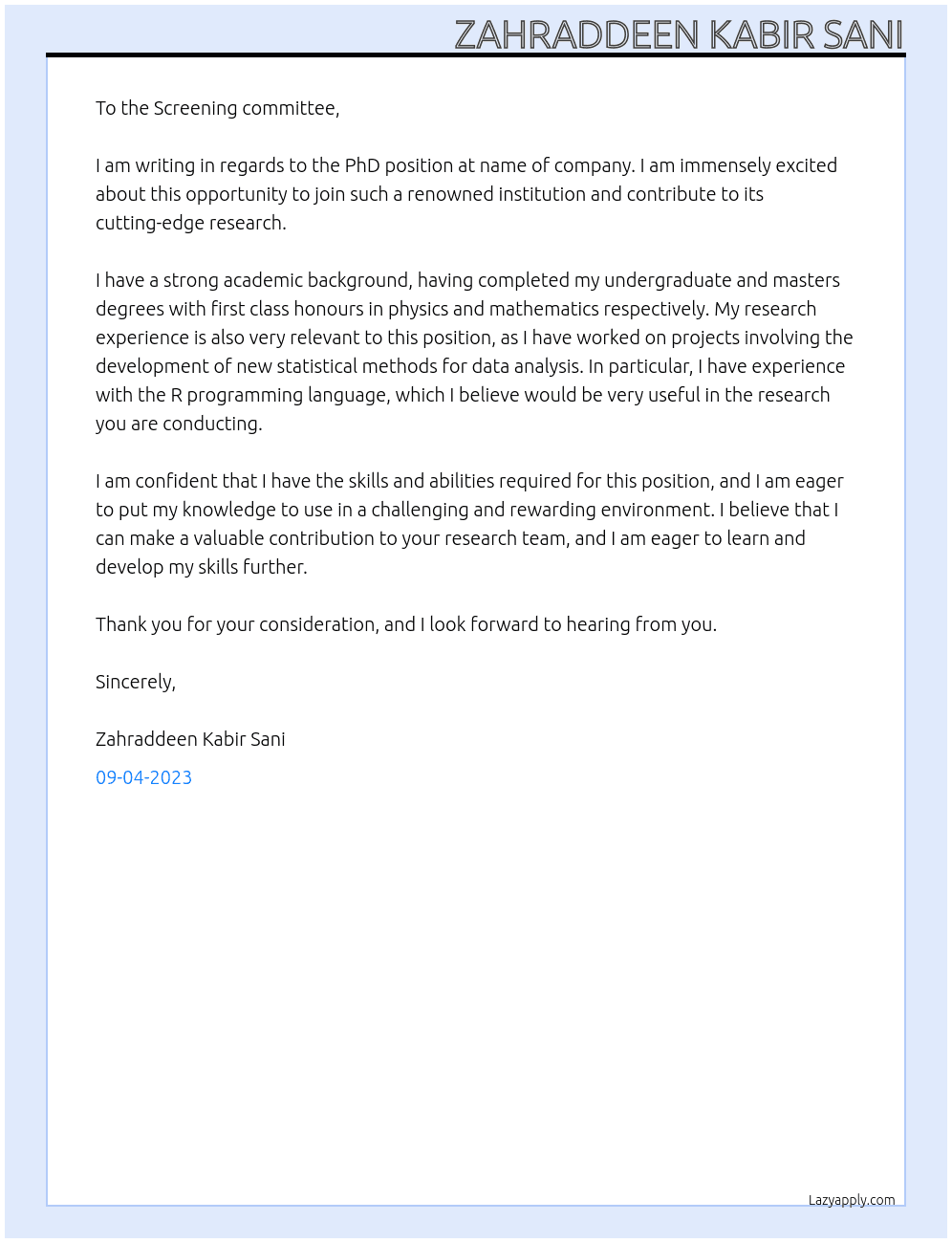 PhD  At PhD Cover Letter