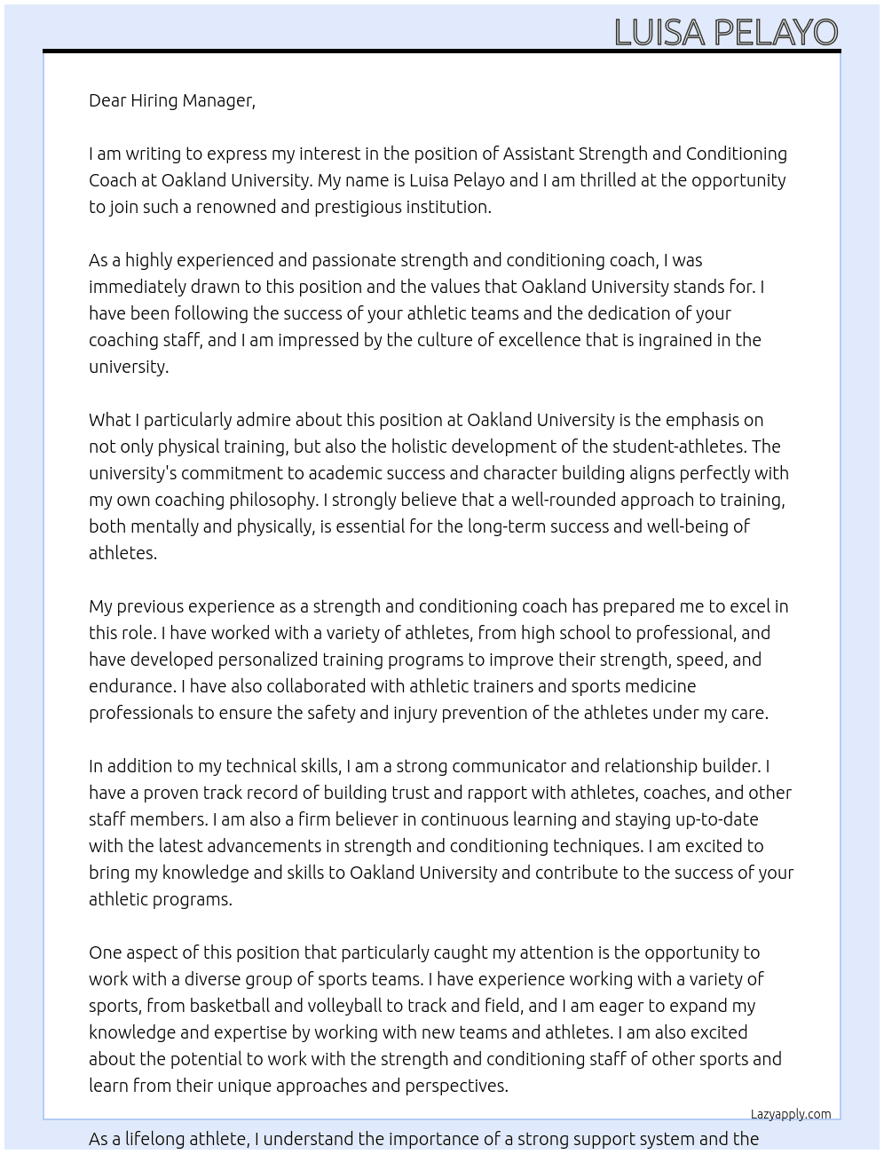 Assistant Strength and Conditioning Coach At Oakland University Cover Letter