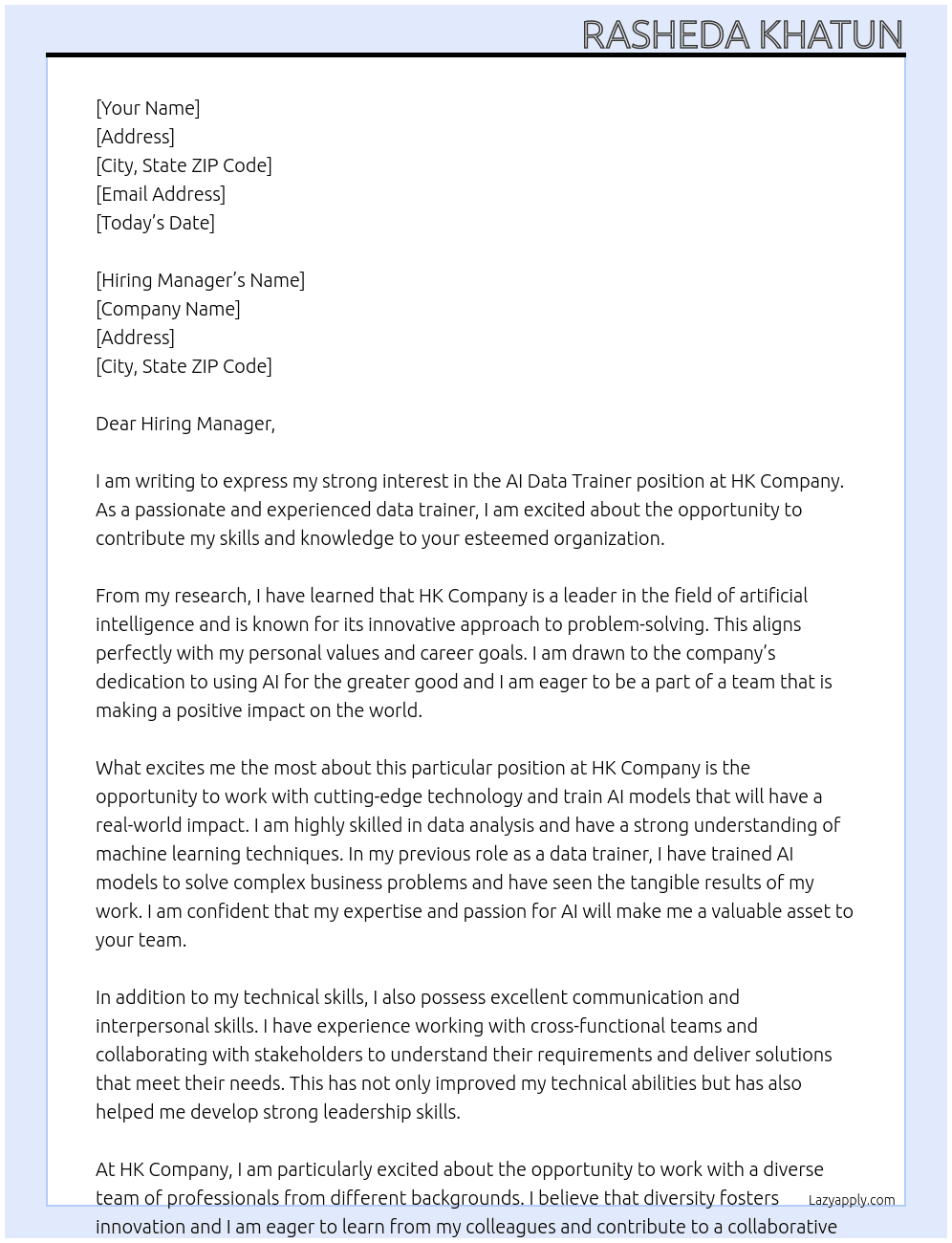 AI Data Trainer  At Hk company  Cover Letter