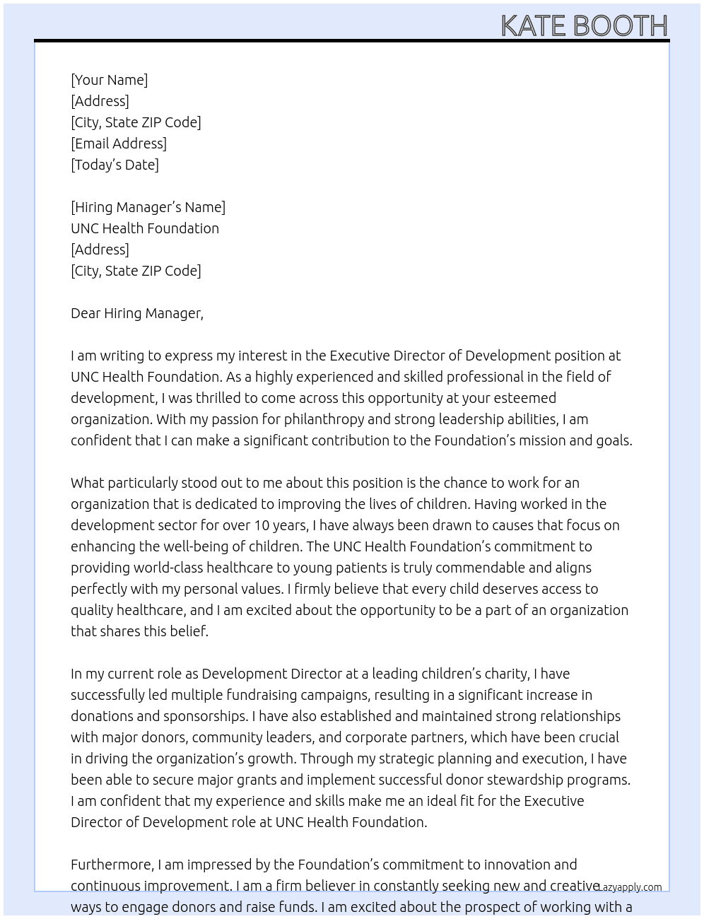 Executive Director of Development, Children's At UNC Health Foundation Cover Letter