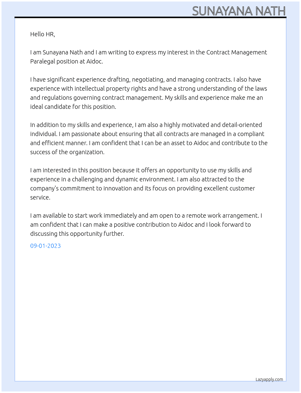 Contract Management Paralegal At Aidoc Cover Letter