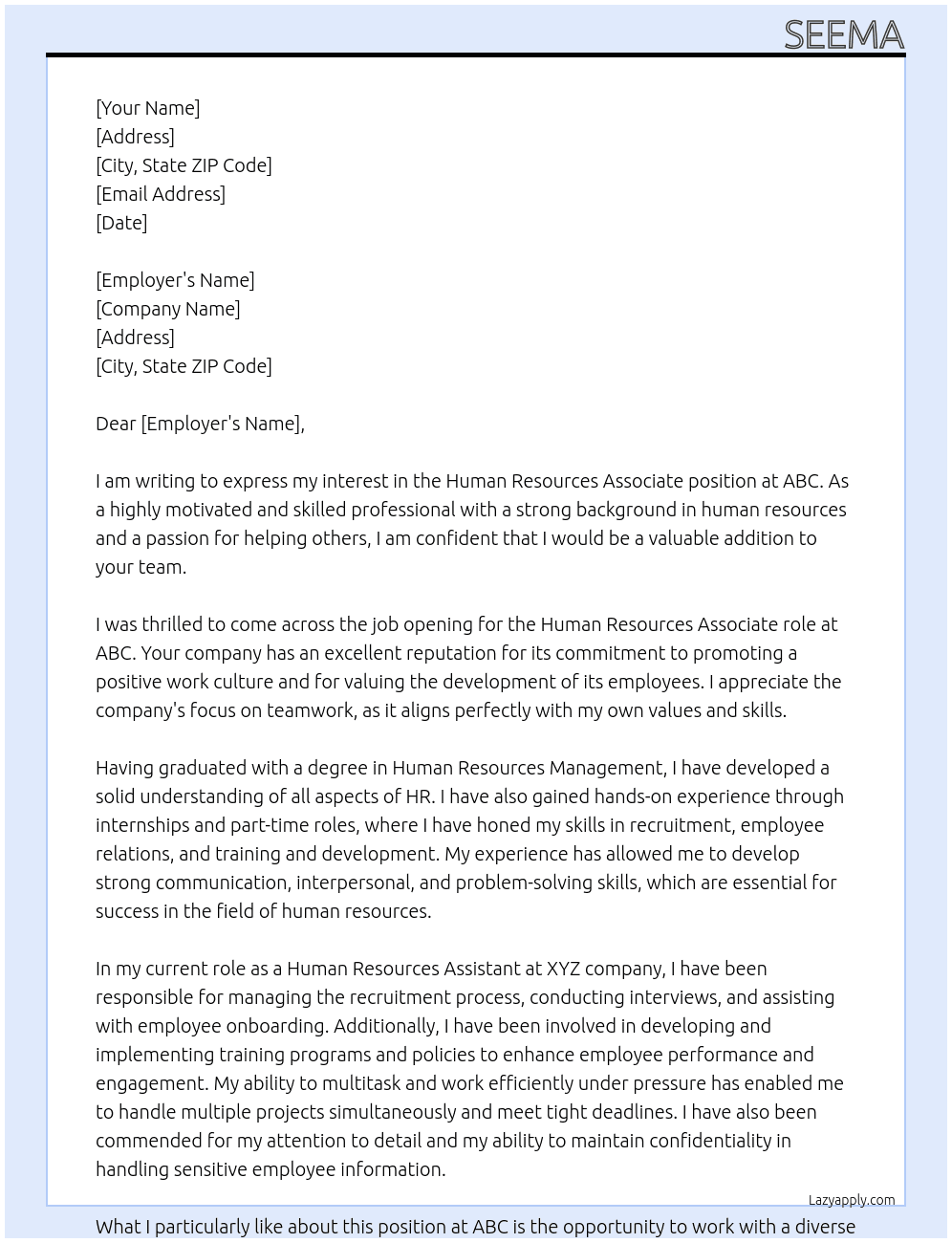 Human Resources Associate  At Abc Cover Letter