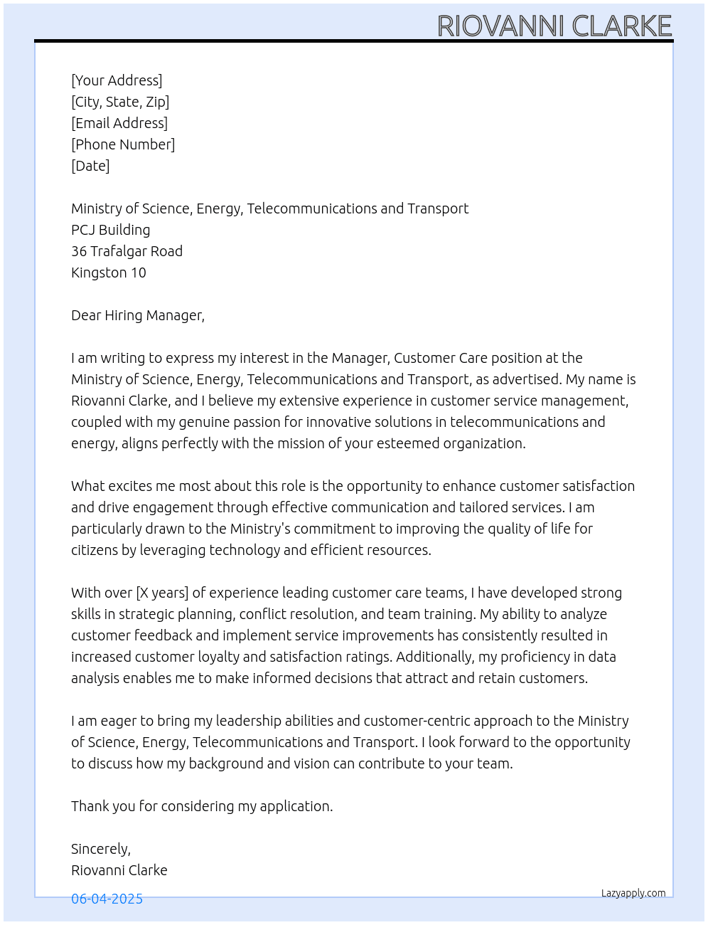 Cover letter for manager, customer care - LazyApply