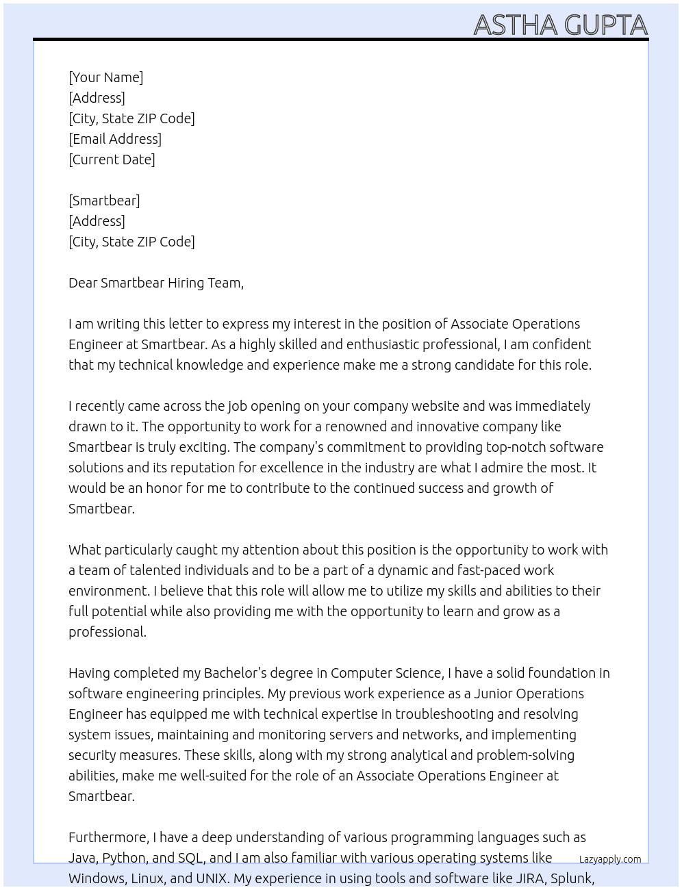 associate operations engineer At smartbear Cover Letter