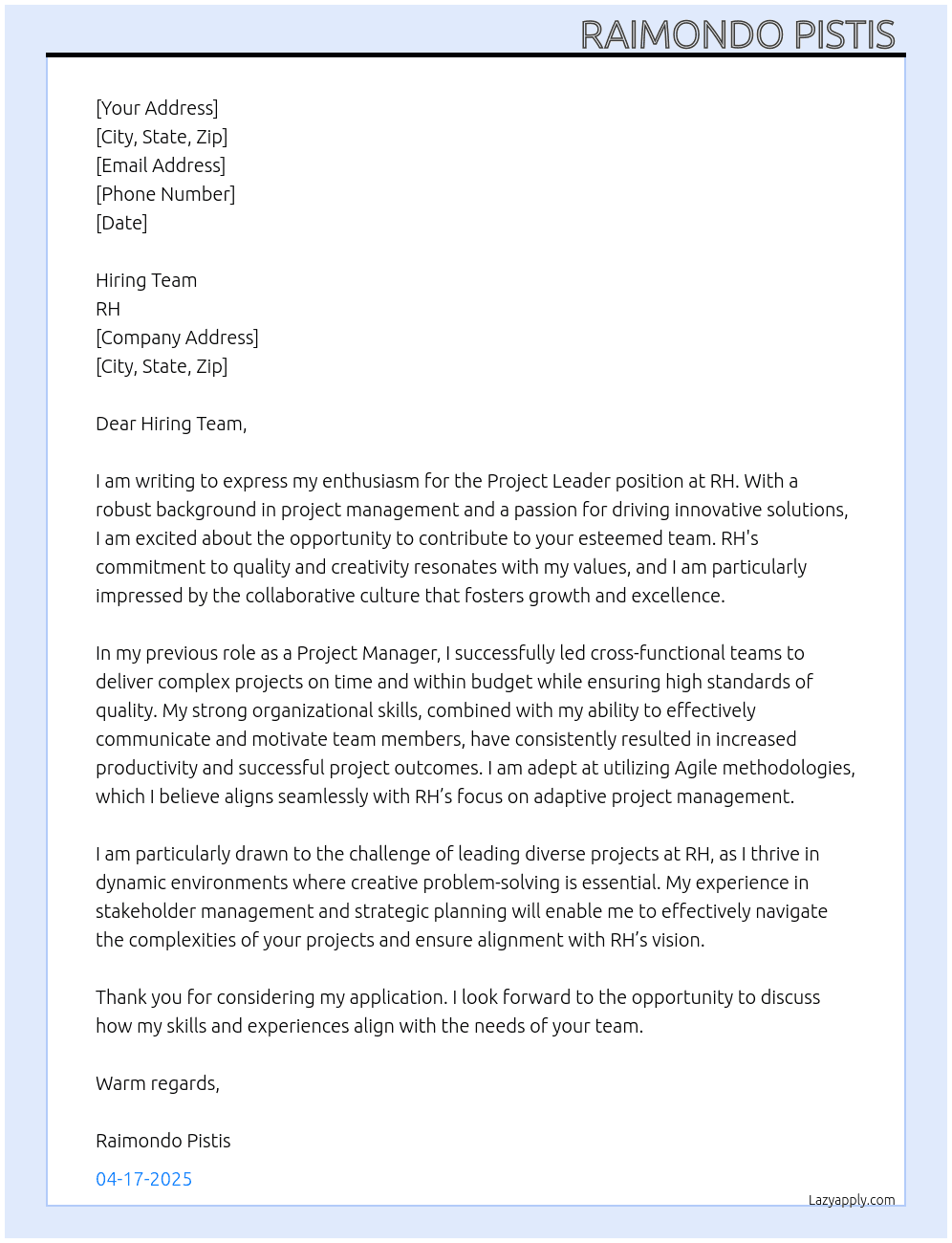 Project Leader At RH Cover Letter