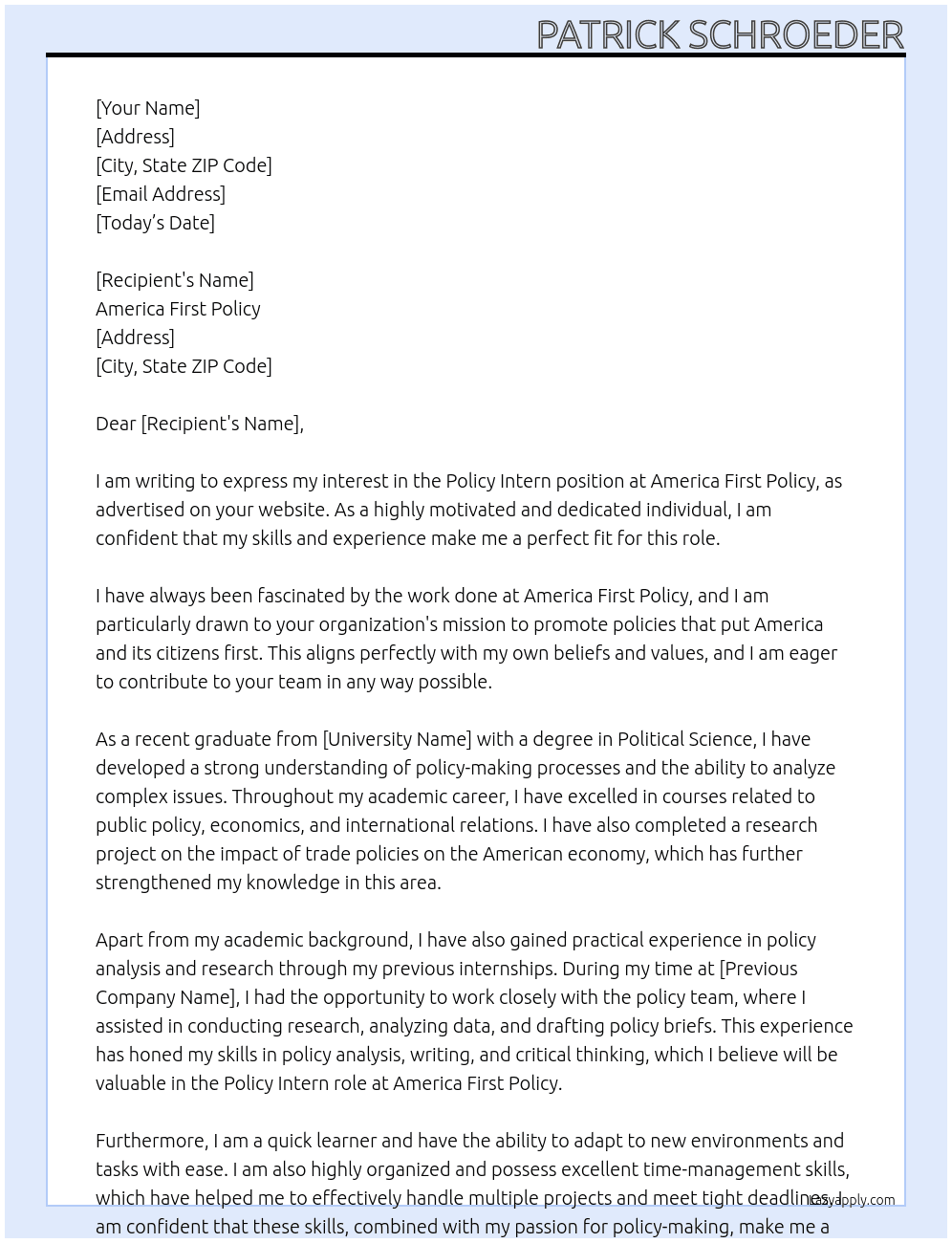 Policy Intern At America First Policy Cover Letter