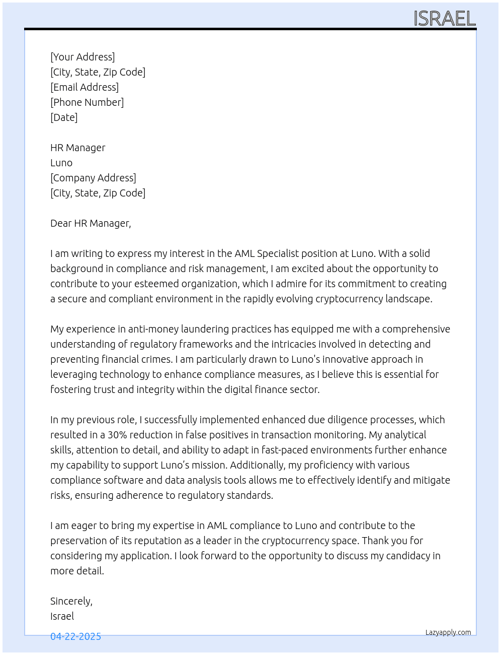 Aml specialist  At Luno Cover Letter