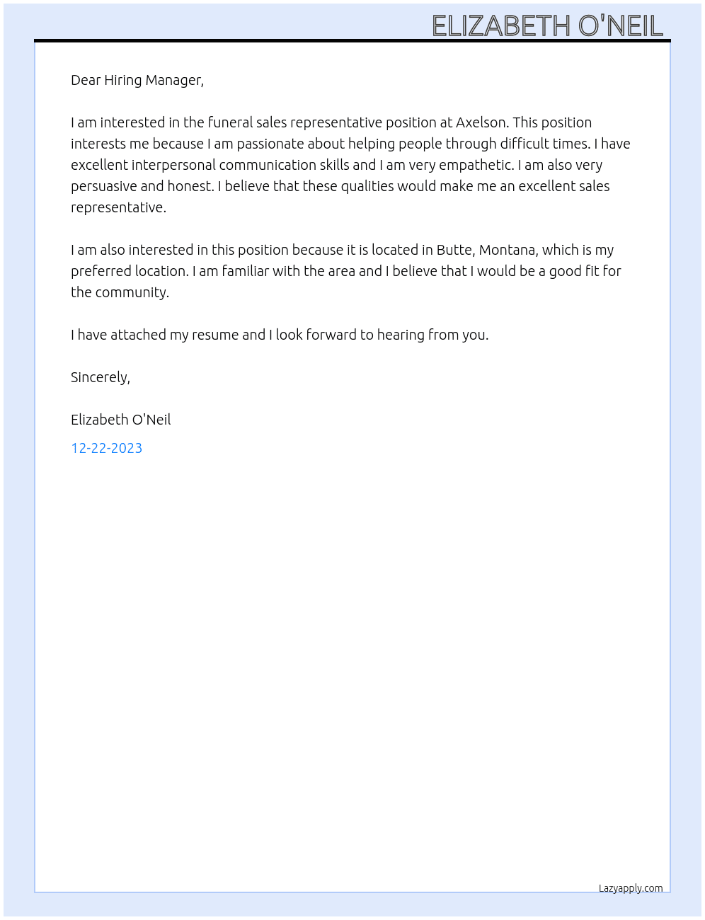 Funeral sales representative  At Axelson Cover Letter