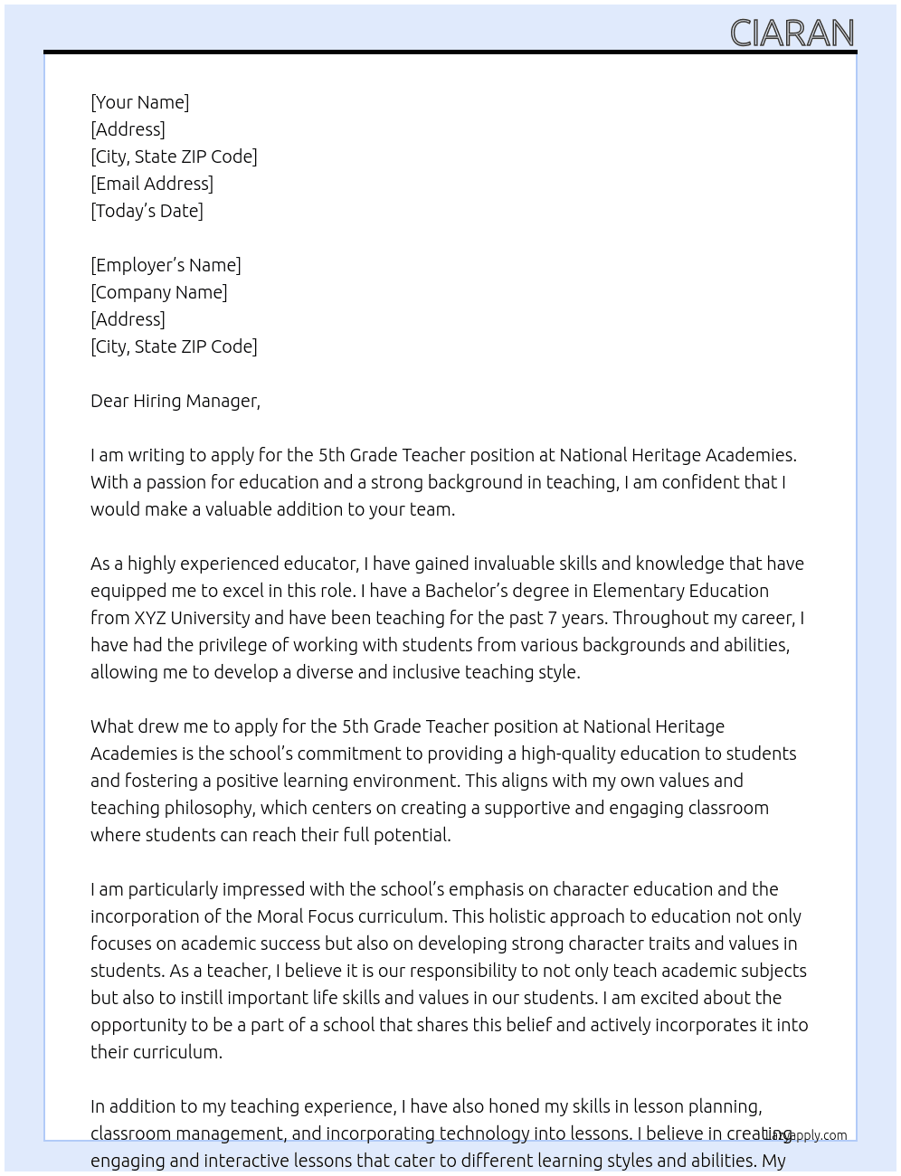5th Grade Teacher At National  Heritage Academies Cover Letter