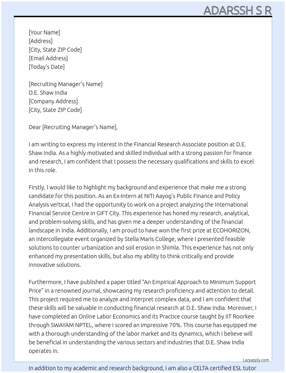 Financial Research Associate At D.E. Shaw India Cover Letter