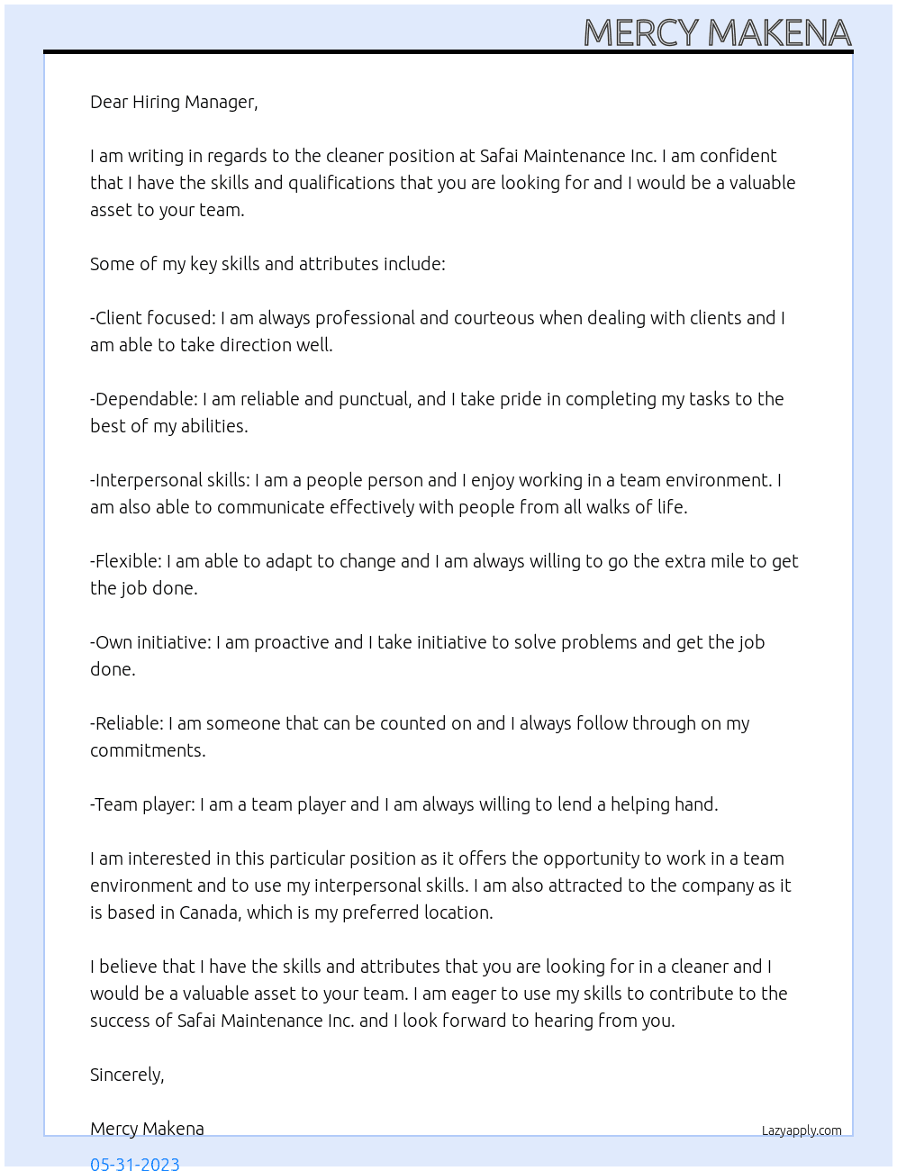 cleaner At SAFAI MAINTENANCE INC Cover Letter