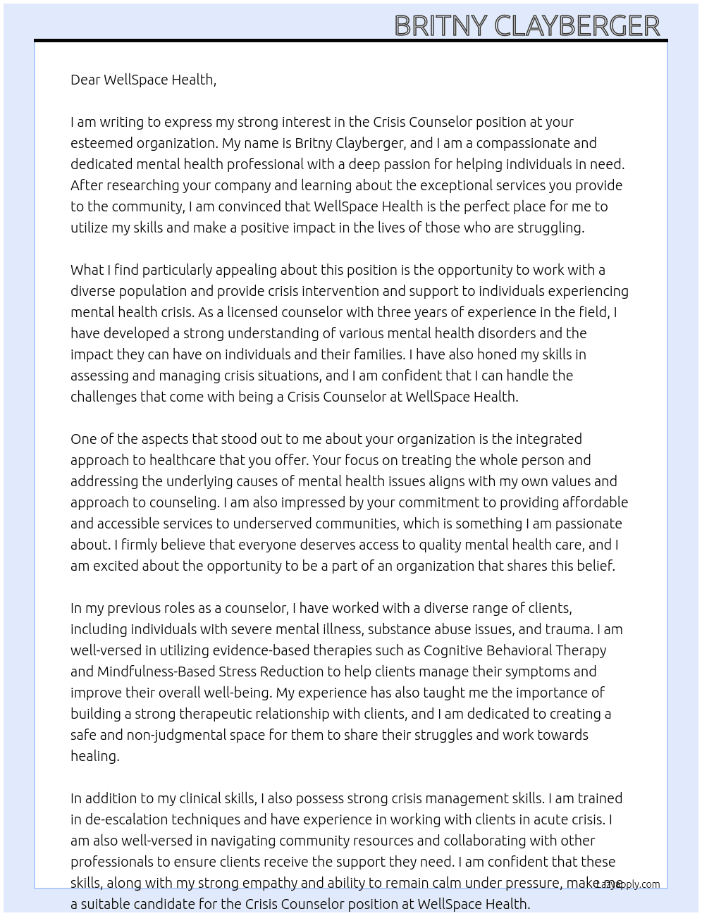 Crisis Counselor  At WellSpace Health  Cover Letter