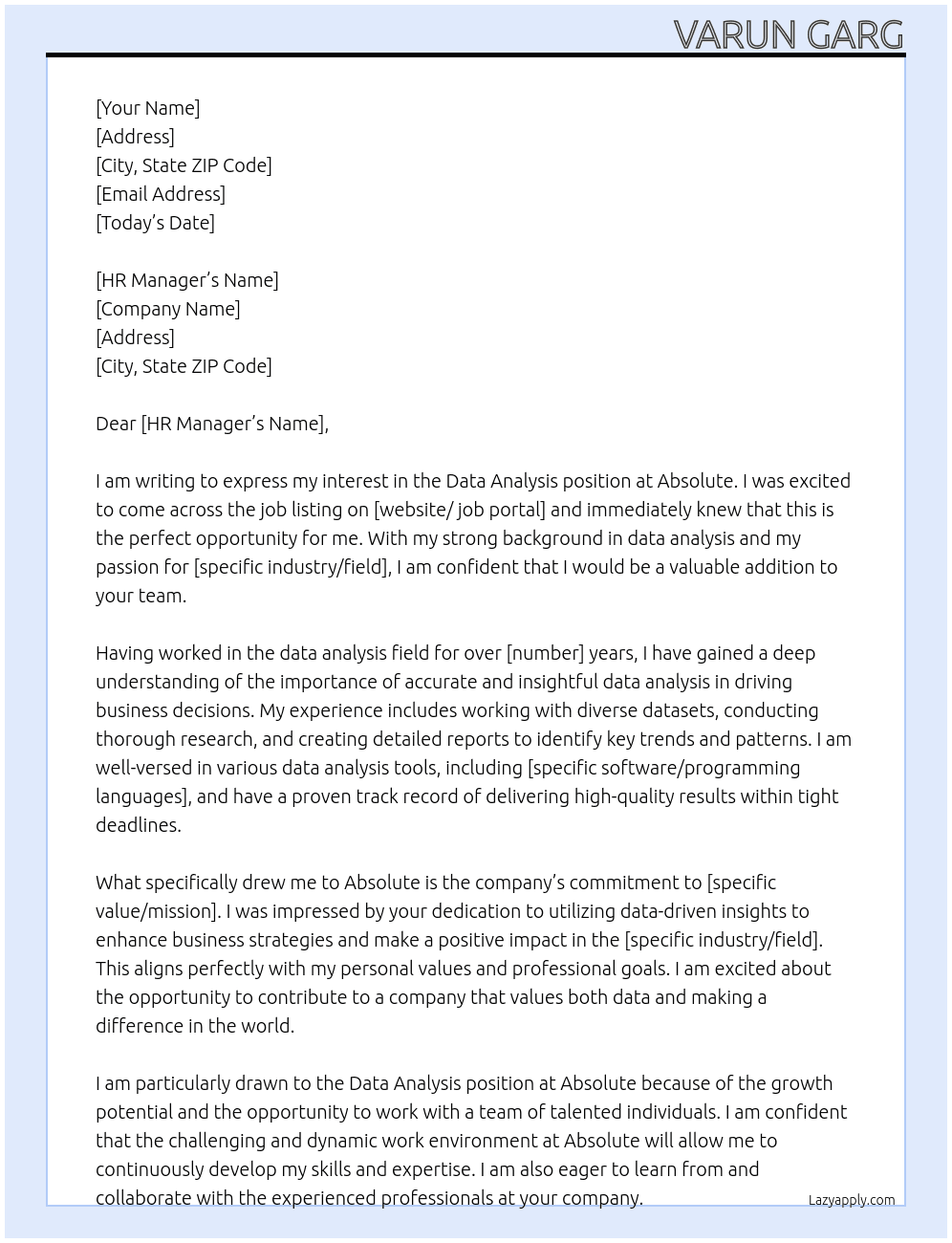 Data Analysis At Absolute Cover Letter