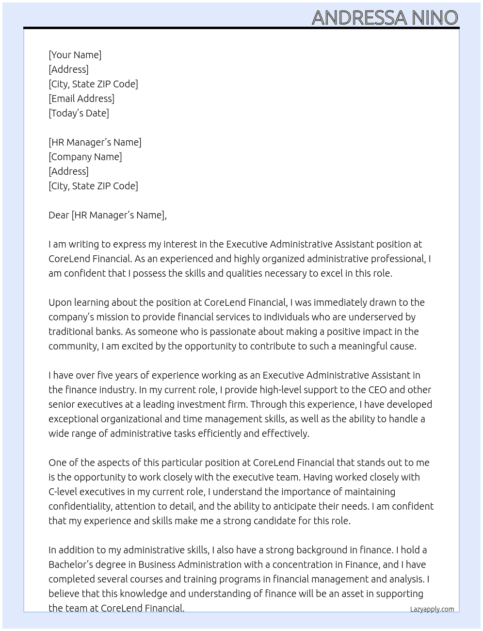 Executive Administrative Assistant At CoreLend Financial  Cover Letter