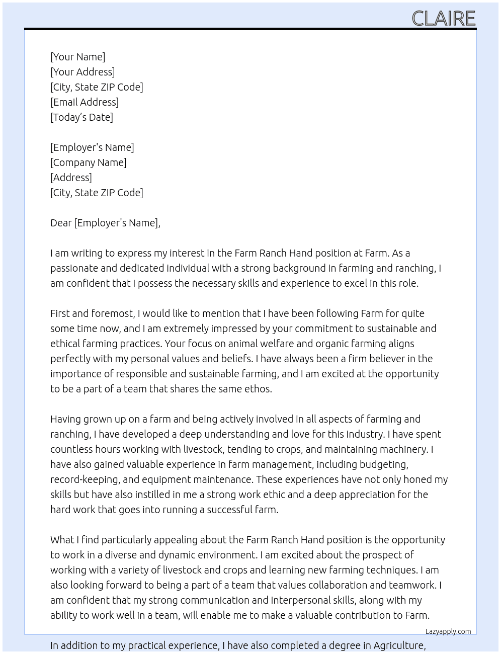 Cover letter for farm ranch hand - LazyApply