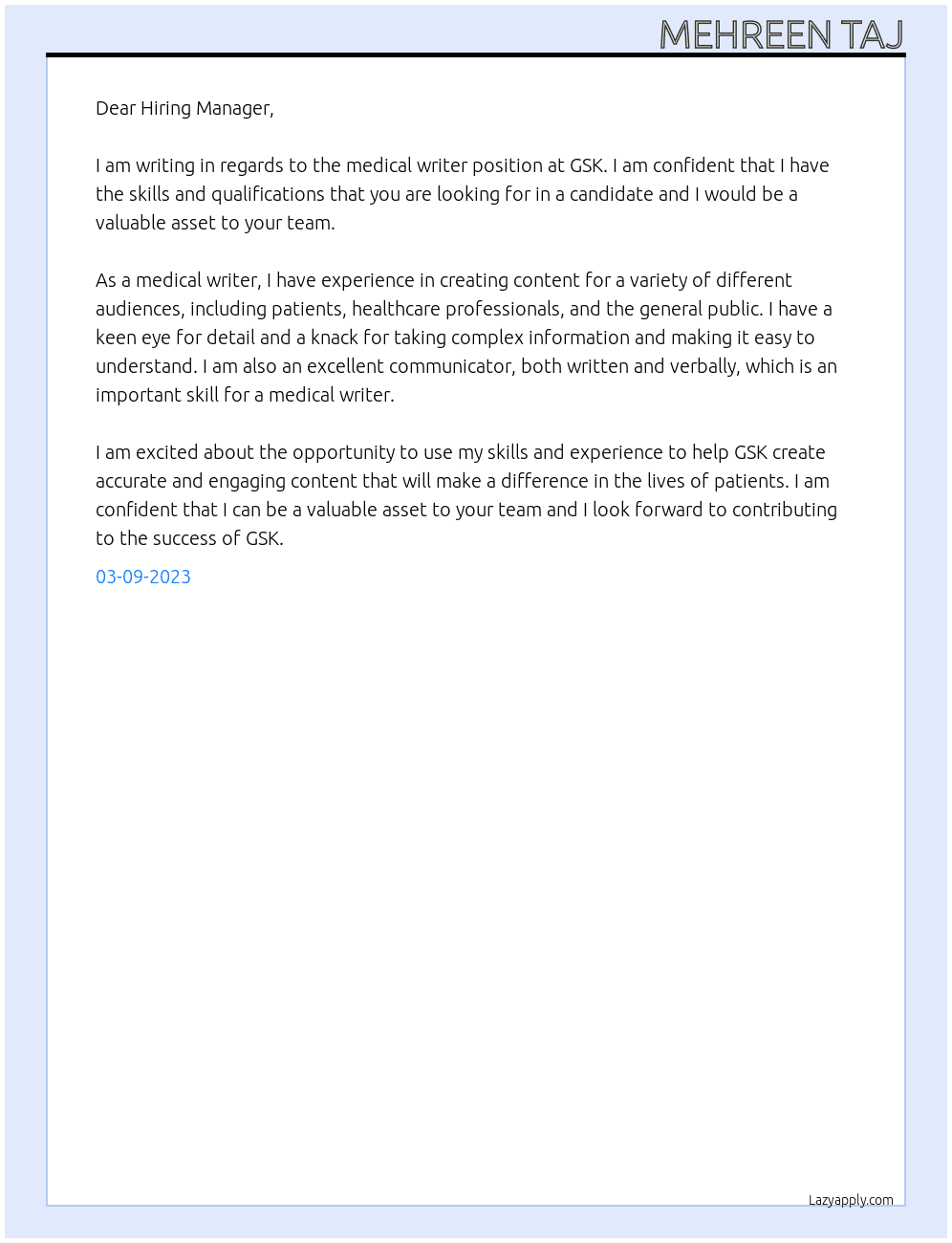 medical writer At GSK  Cover Letter