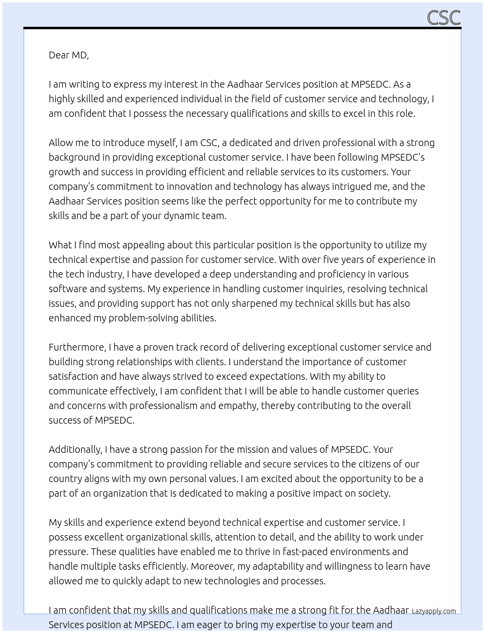 Aadhaar services  At  MPSEDC Cover Letter