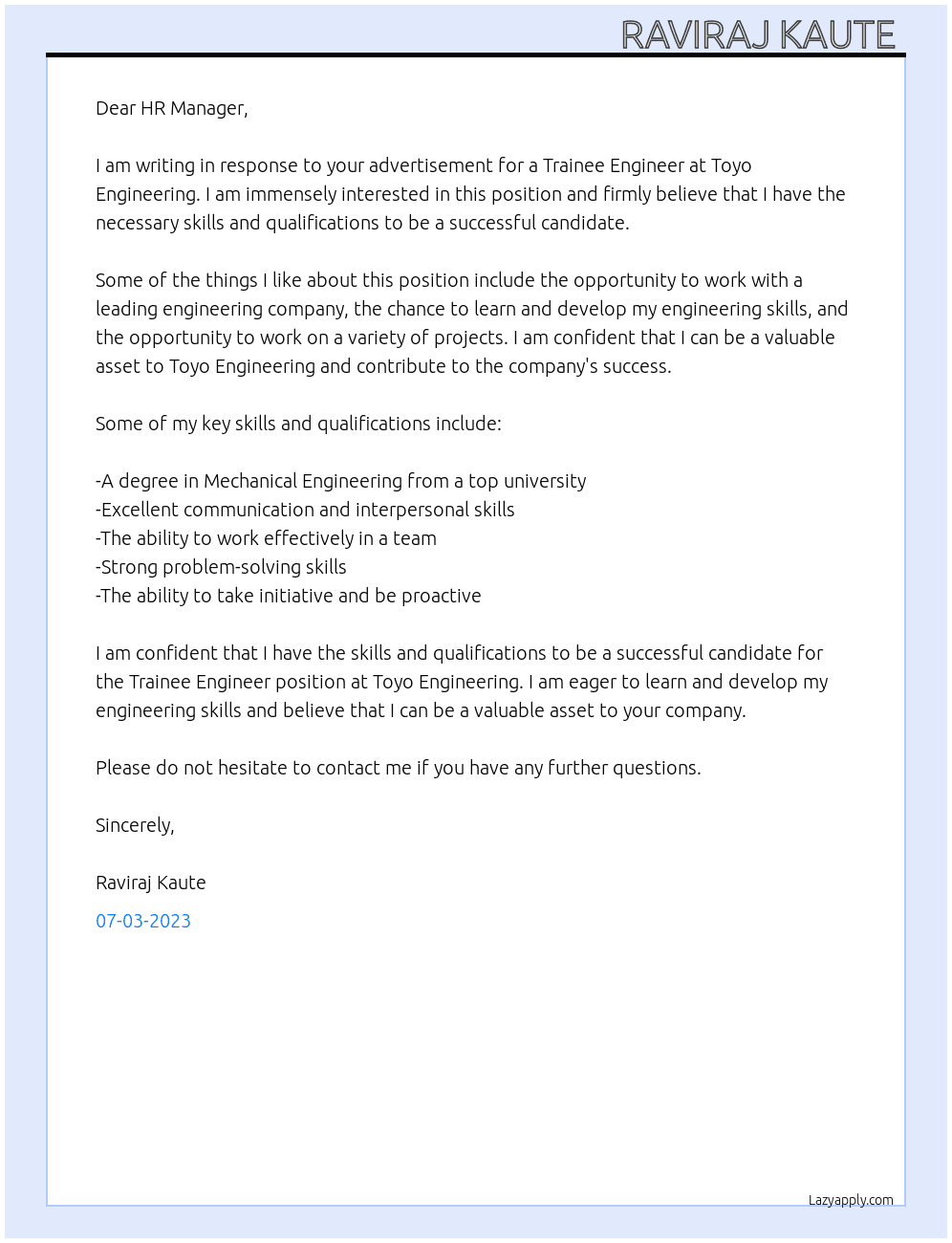 Trainee engineer  At Toyo engineering  Cover Letter
