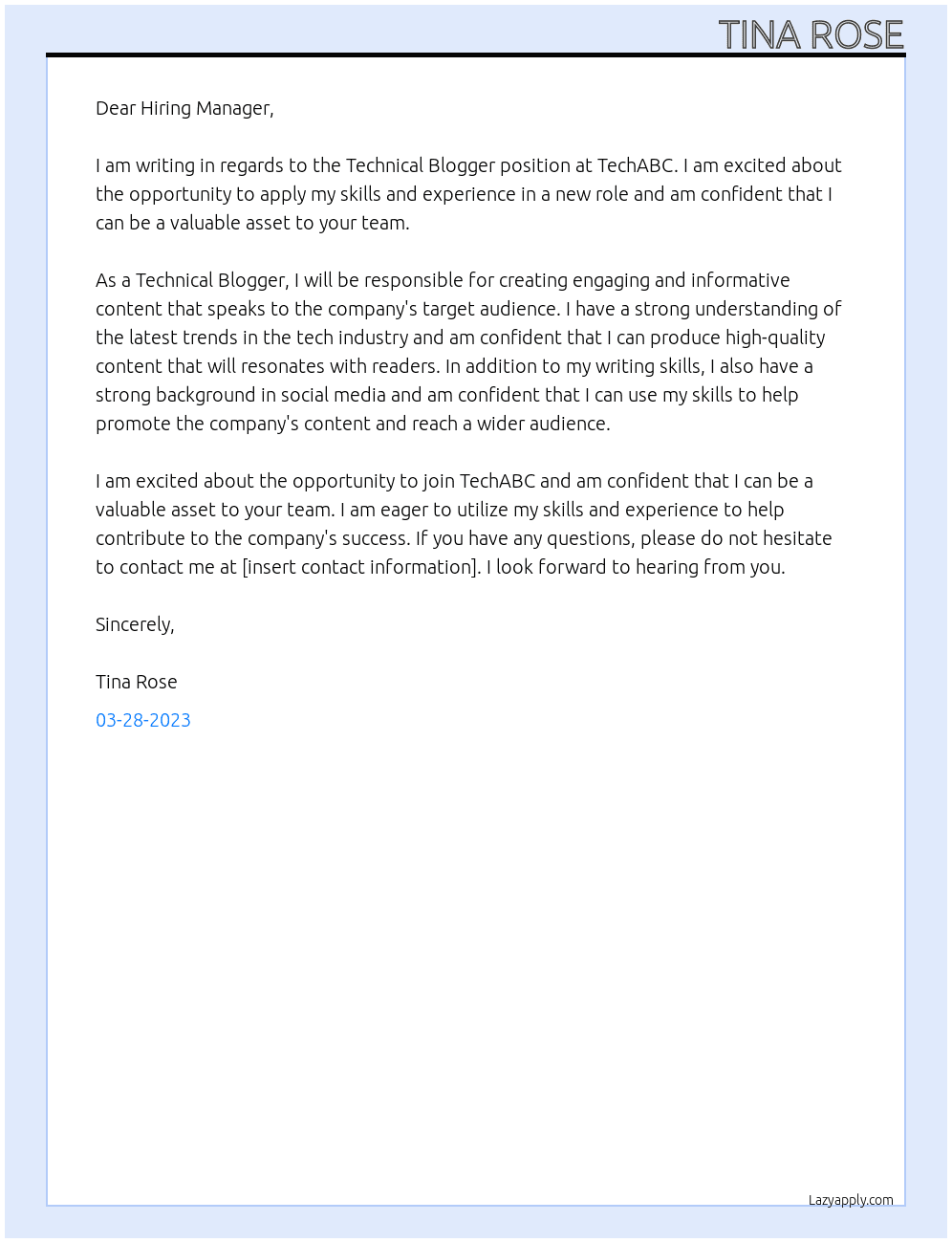 Technical Blogger At TechABC Cover Letter