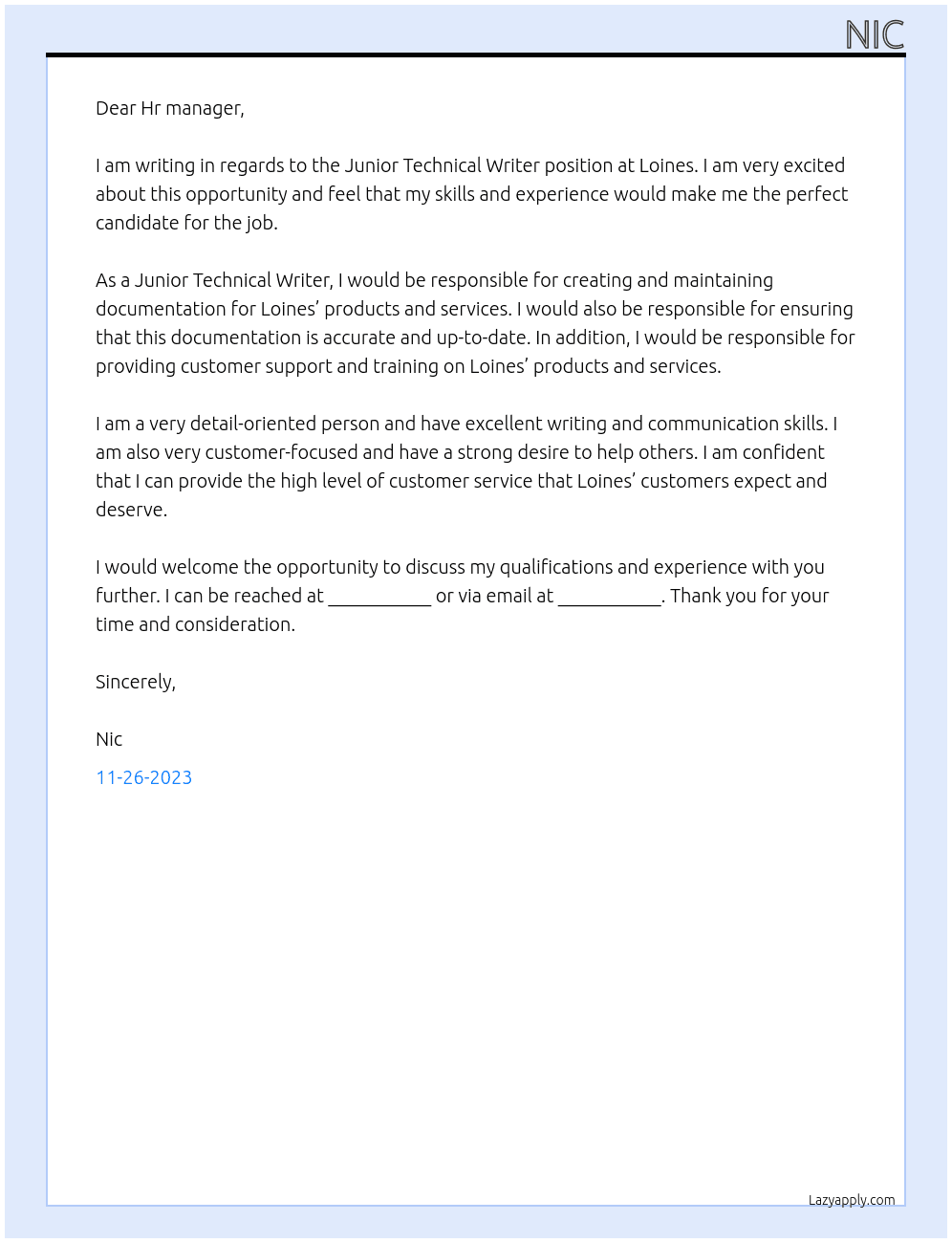 Junior Technical Writer At Loines Cover Letter