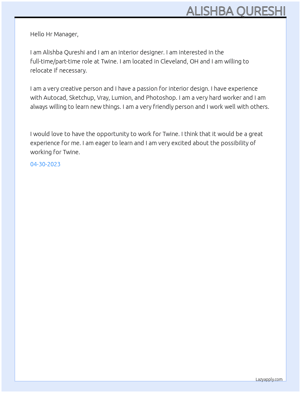 Interior Designer At Twine Cover Letter