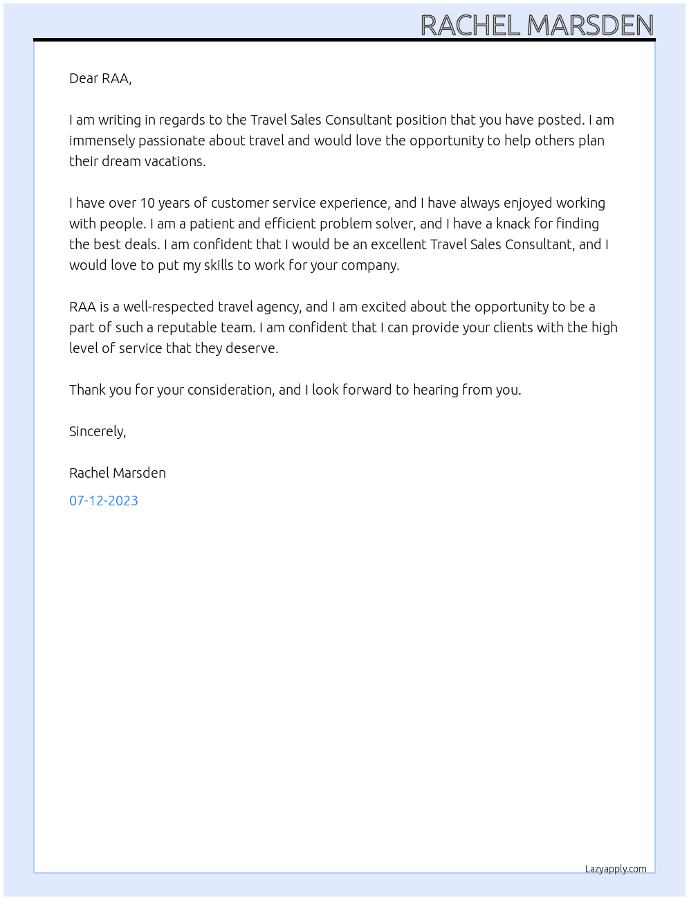 Travel Sales Consultant At RAA Cover Letter