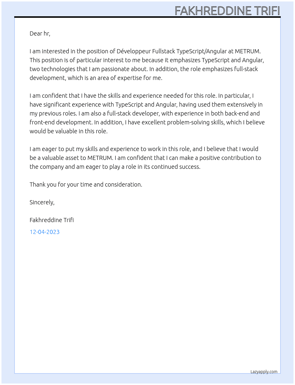 Développeur Fullstack TypeScript/Angular At METRUM Cover Letter
