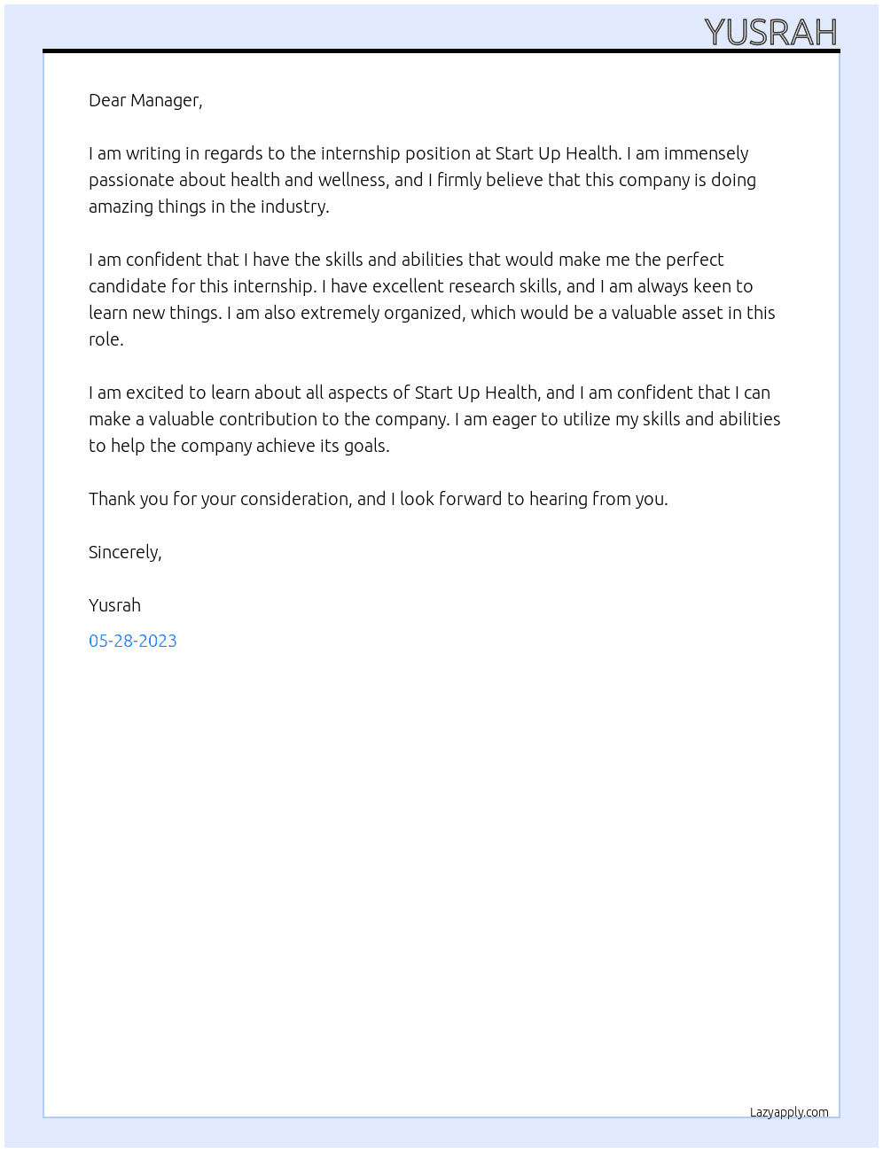 internship At start up helath Cover Letter