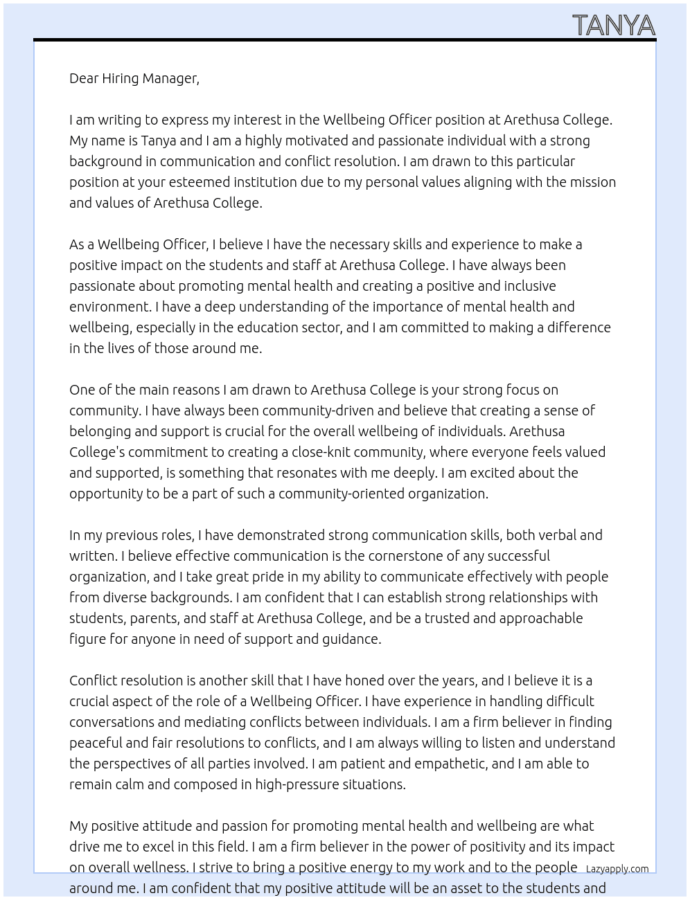 Wellbeing officer At Arethusa college Cover Letter