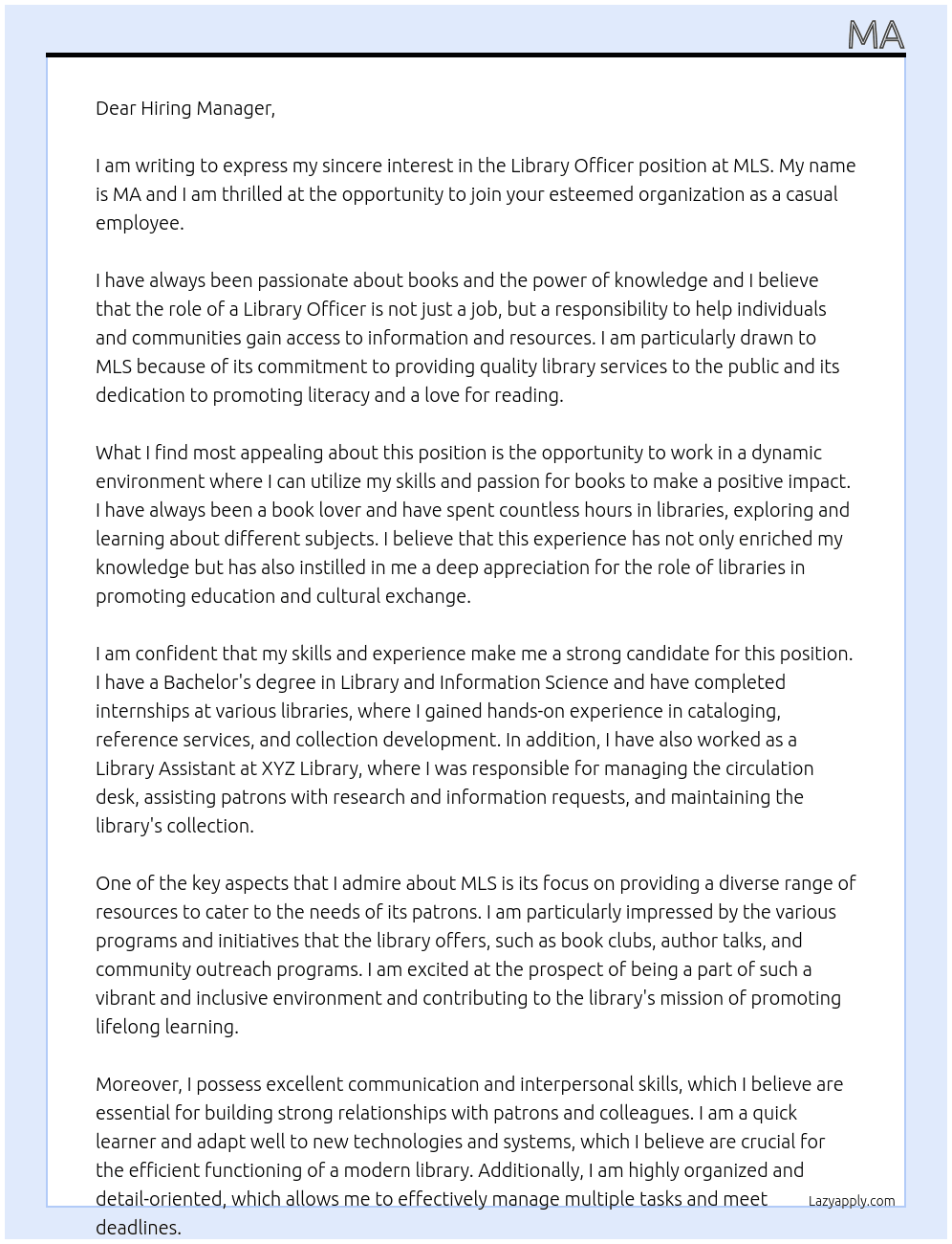 Library Officer At MLS Cover Letter
