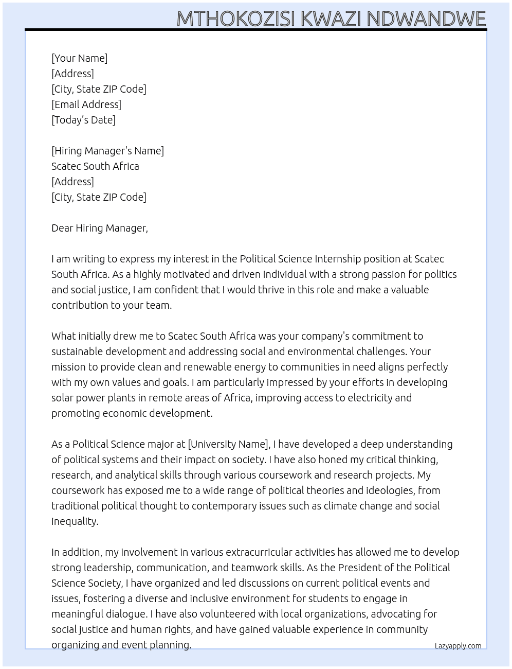 Political Science Internship At Scatec South Africa  Cover Letter