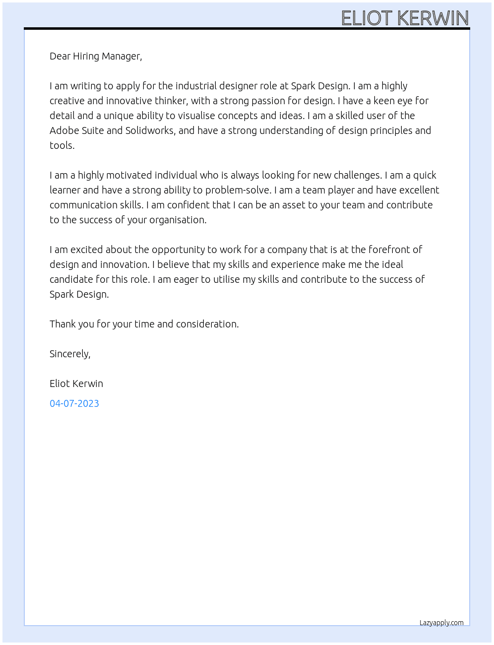 Industrial designer At Spark Design Cover Letter